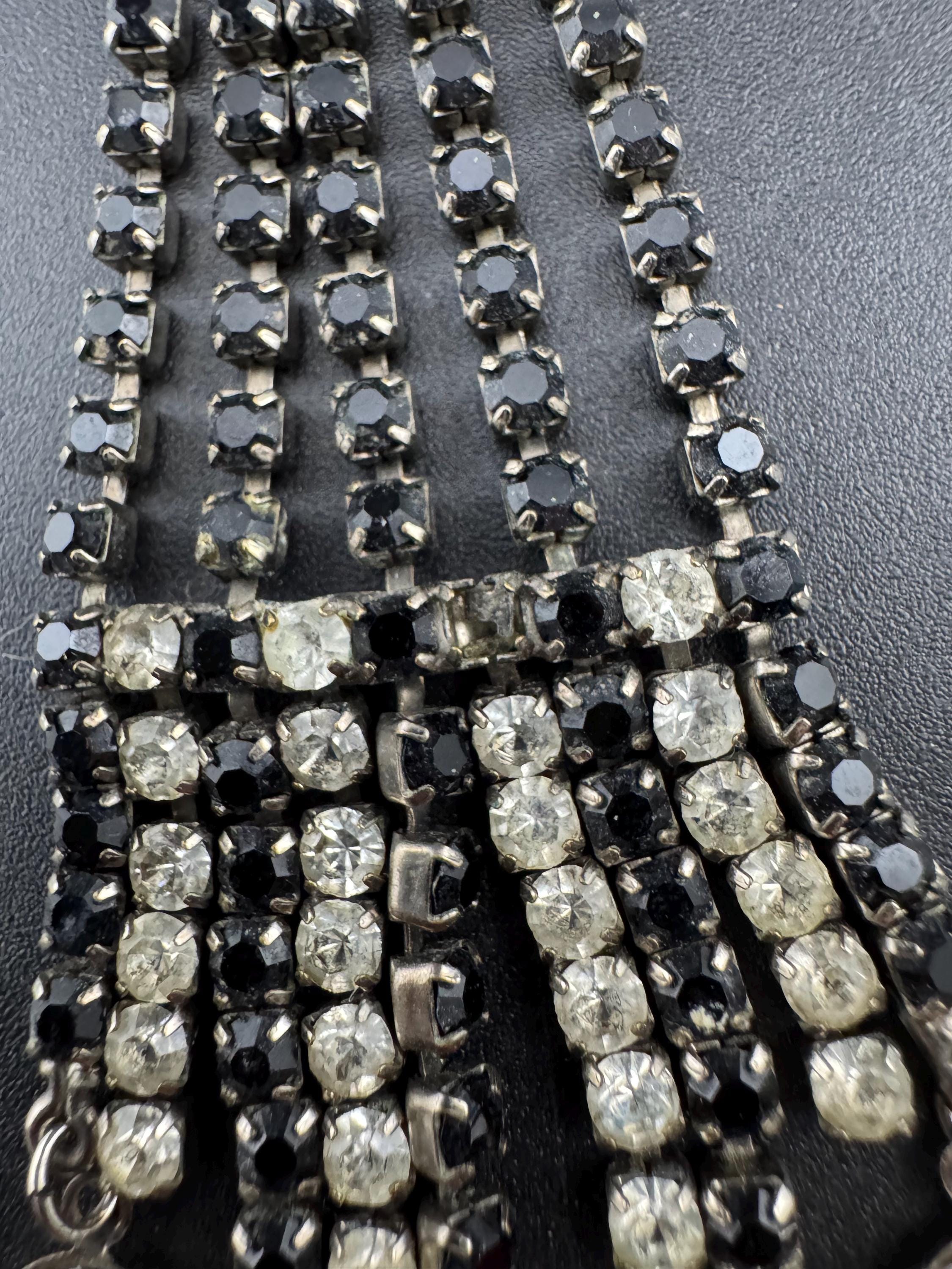 Vintage diamanté rhinestone necklace clear black paste silver tone monochrome 55cm