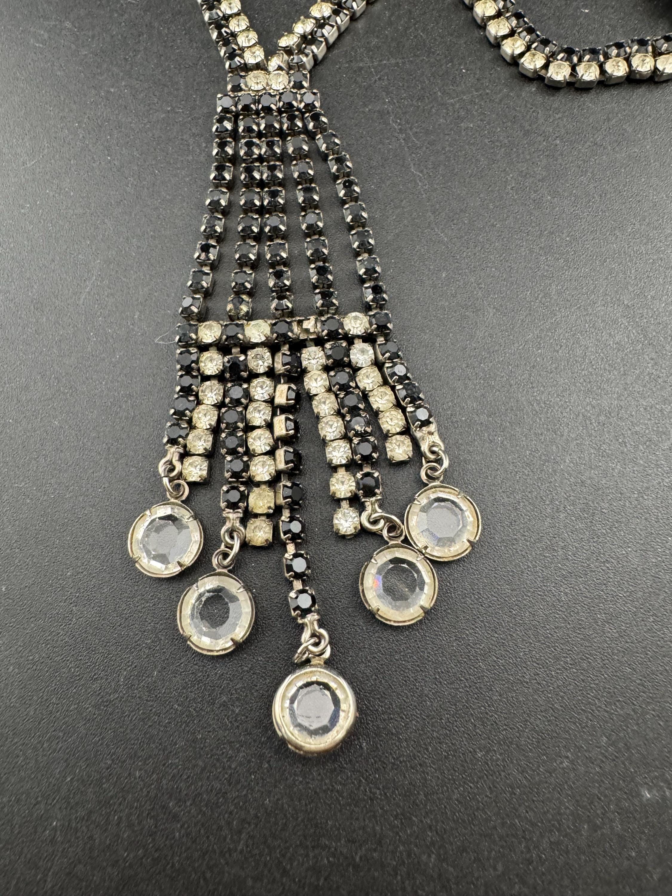 Vintage diamanté rhinestone necklace clear black paste silver tone monochrome 55cm