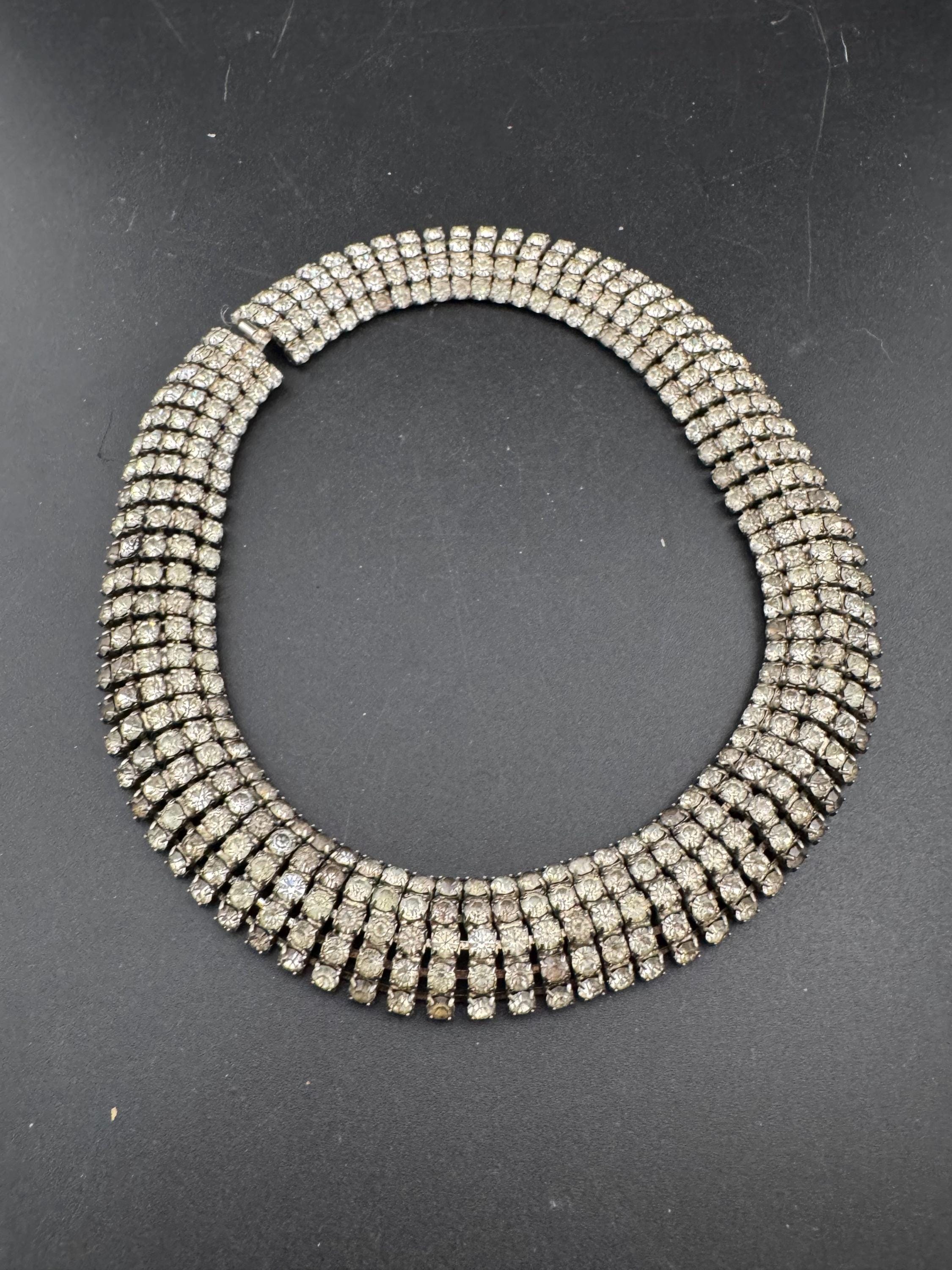 46cm Vintage clear diamanté wide rhinestone crystal silver tone choker necklace