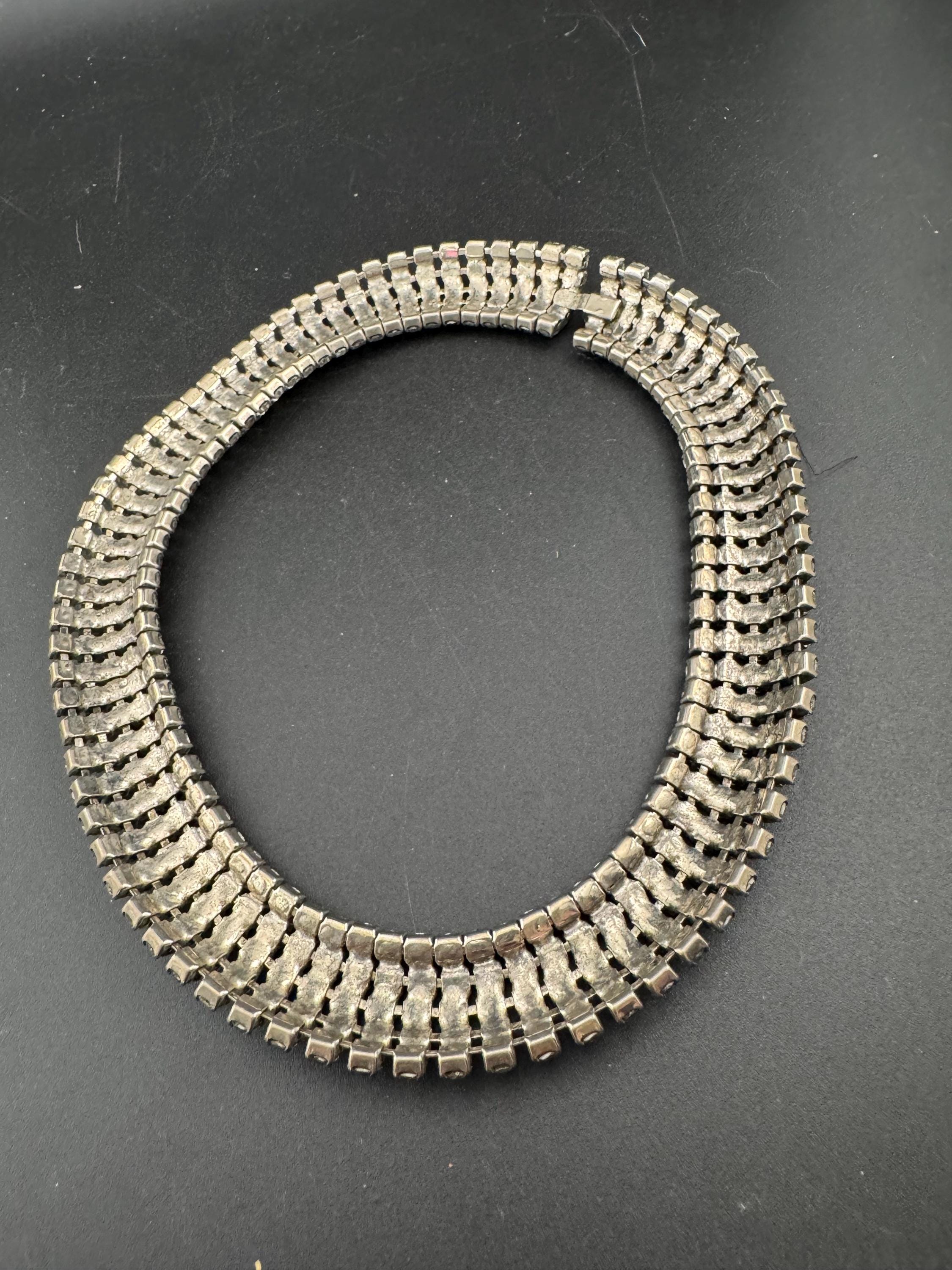 46cm Vintage clear diamanté wide rhinestone crystal silver tone choker necklace
