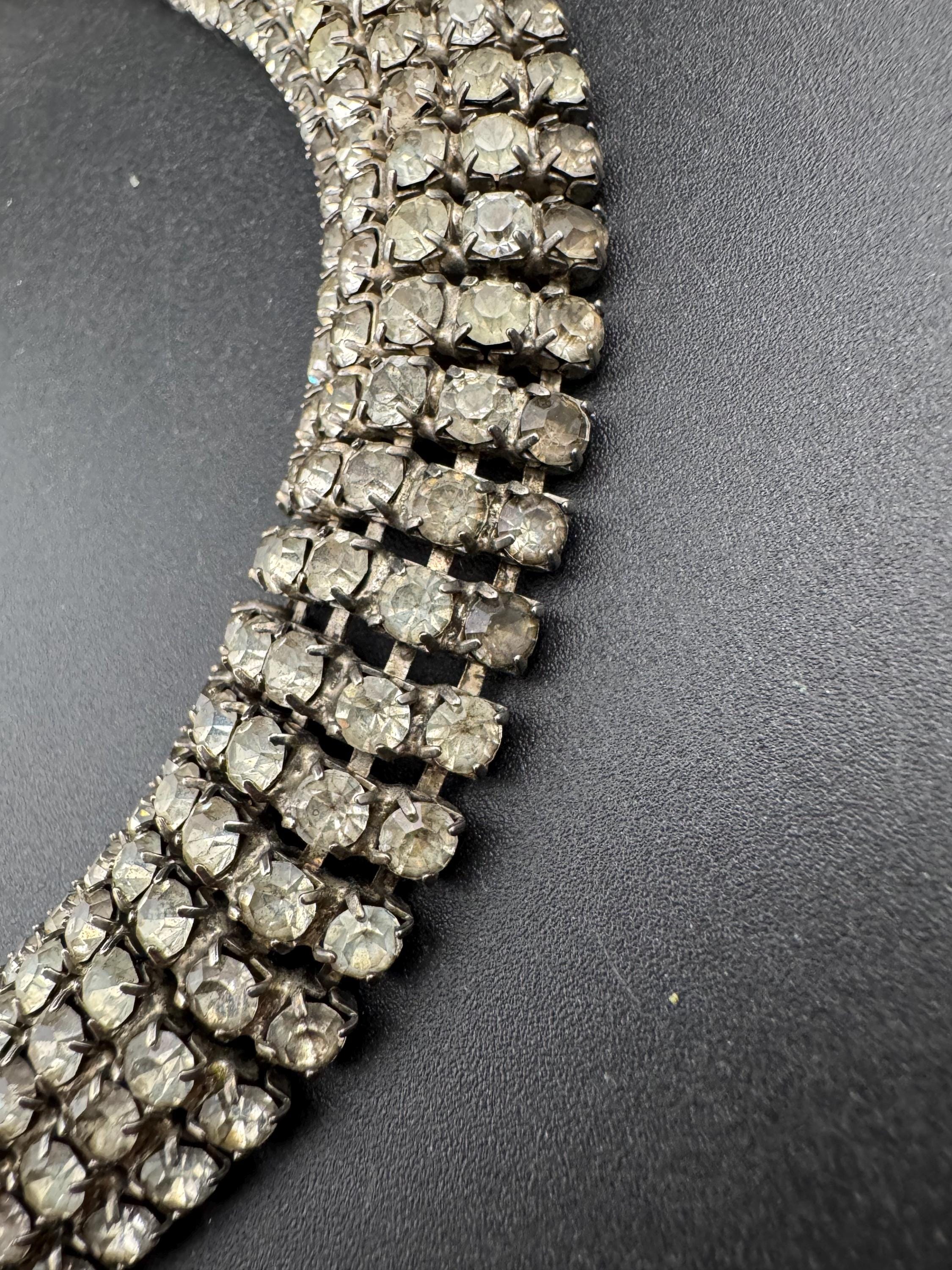 46cm Vintage clear diamanté wide rhinestone crystal silver tone choker necklace