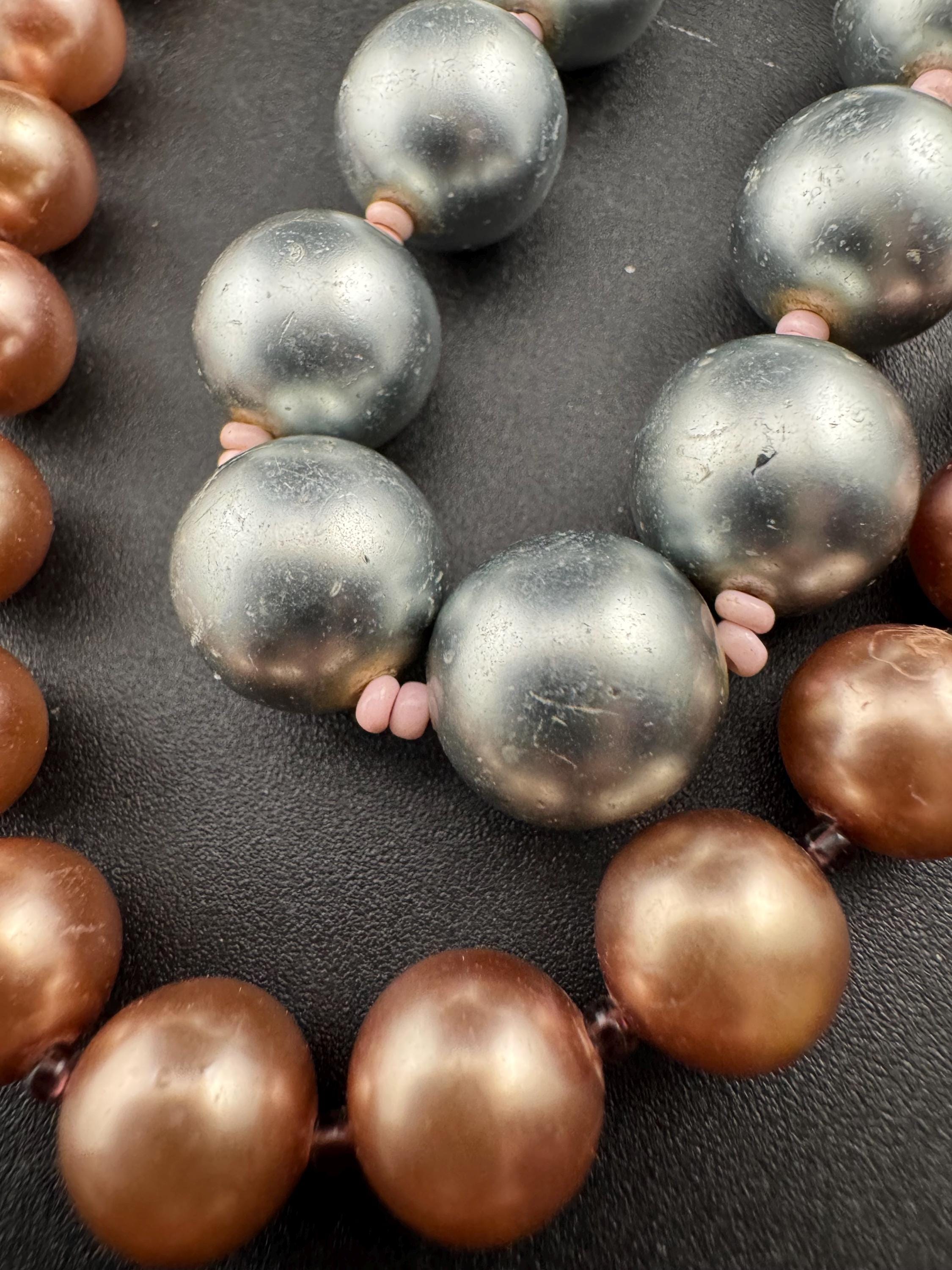 retro 2 string row steel grey and brown bronze large glass pearl wide choker necklace 44cm