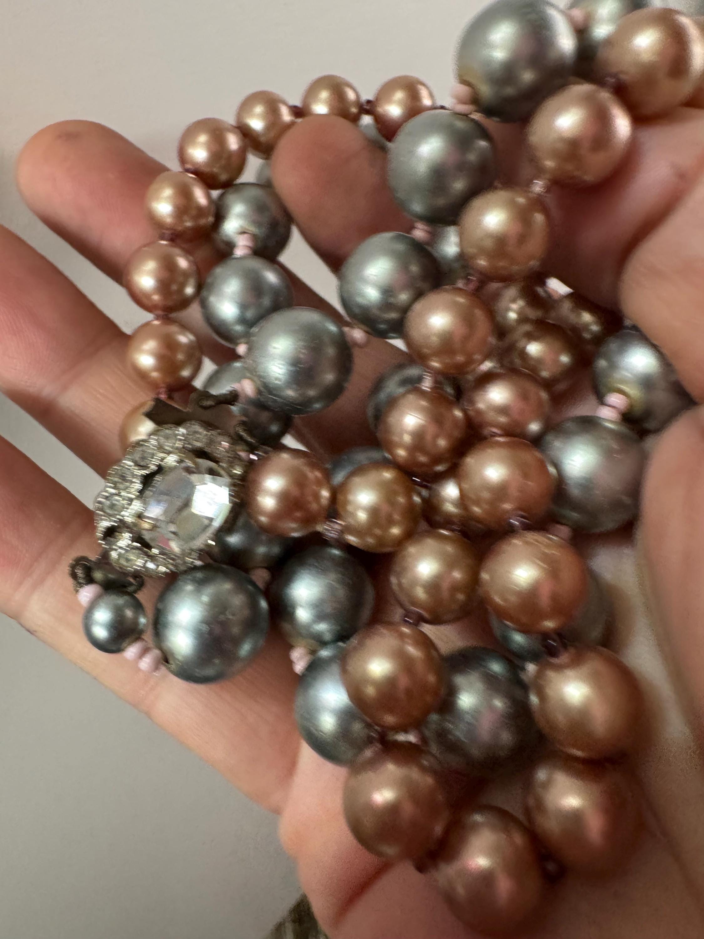 retro 2 string row steel grey and brown bronze large glass pearl wide choker necklace 44cm