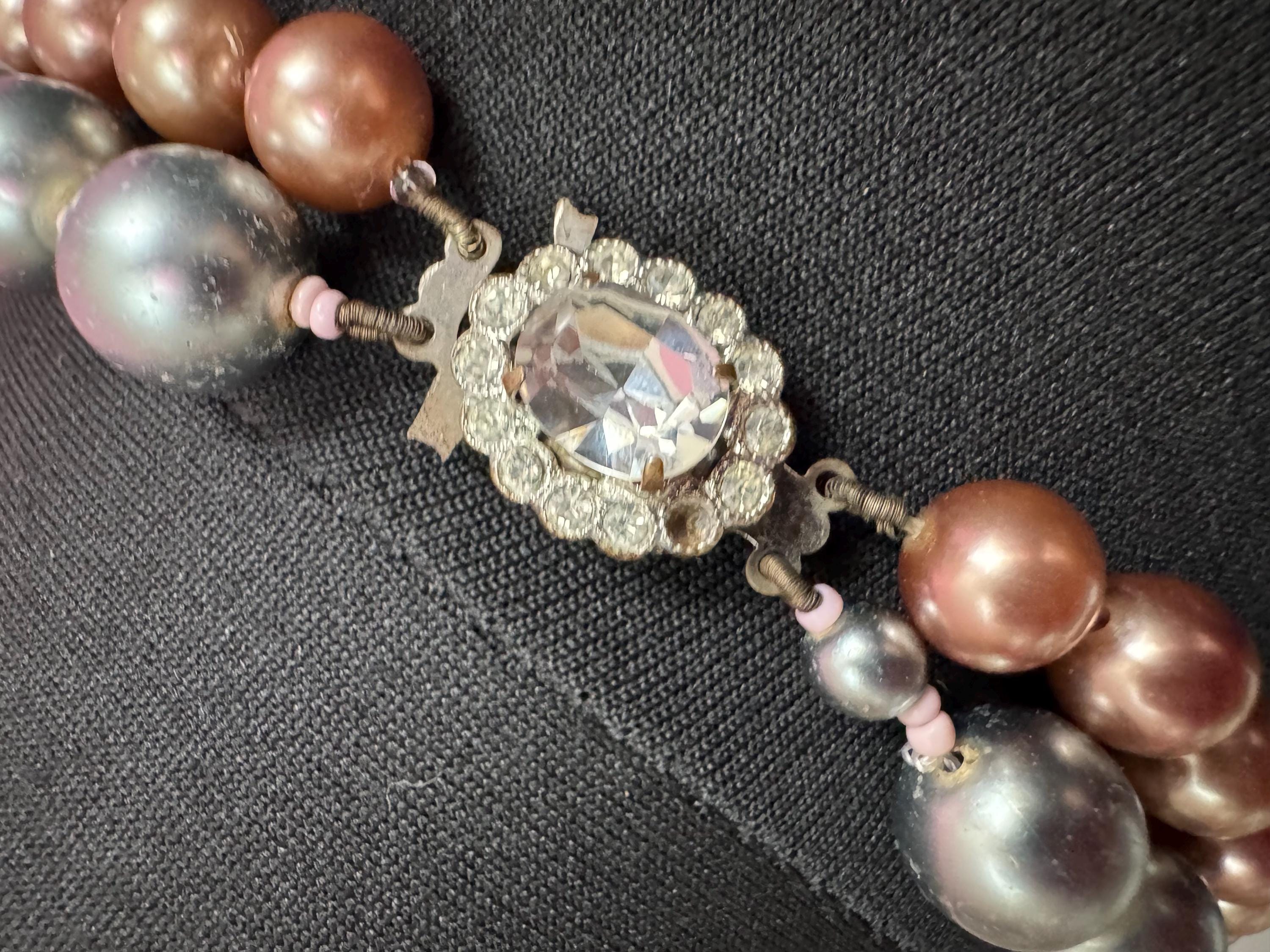 retro 2 string row steel grey and brown bronze large glass pearl wide choker necklace 44cm