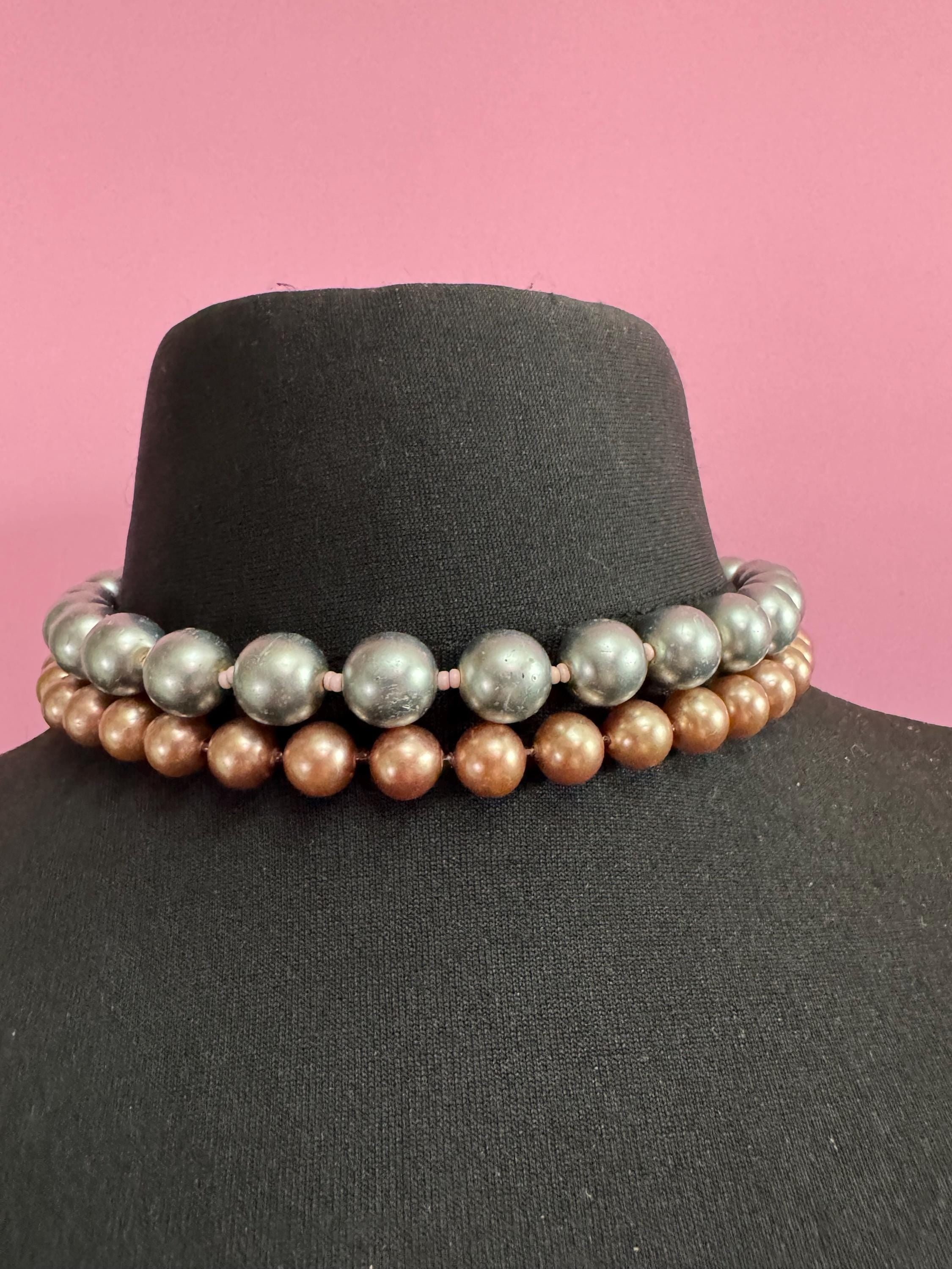 retro 2 string row steel grey and brown bronze large glass pearl wide choker necklace 44cm