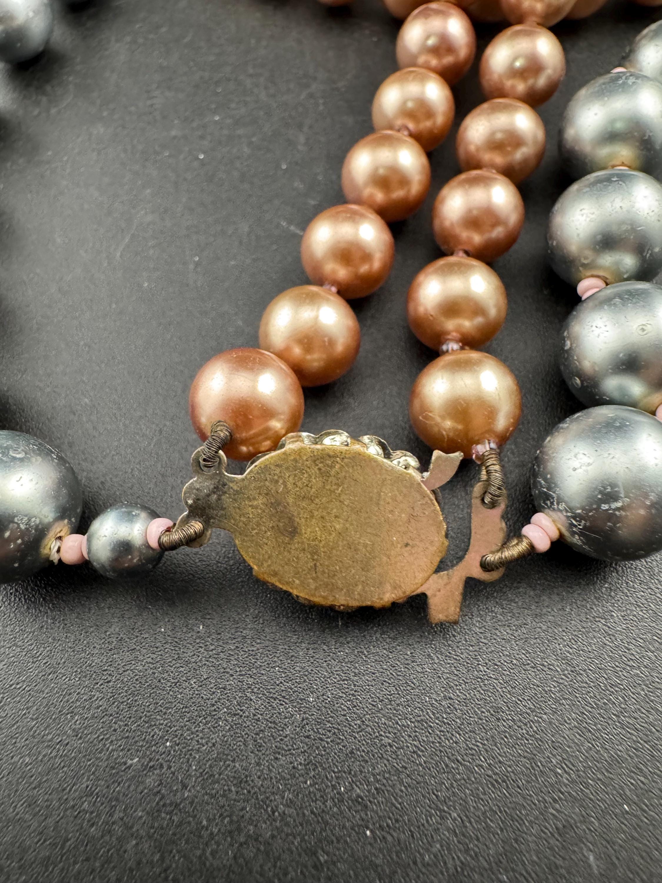 retro 2 string row steel grey and brown bronze large glass pearl wide choker necklace 44cm