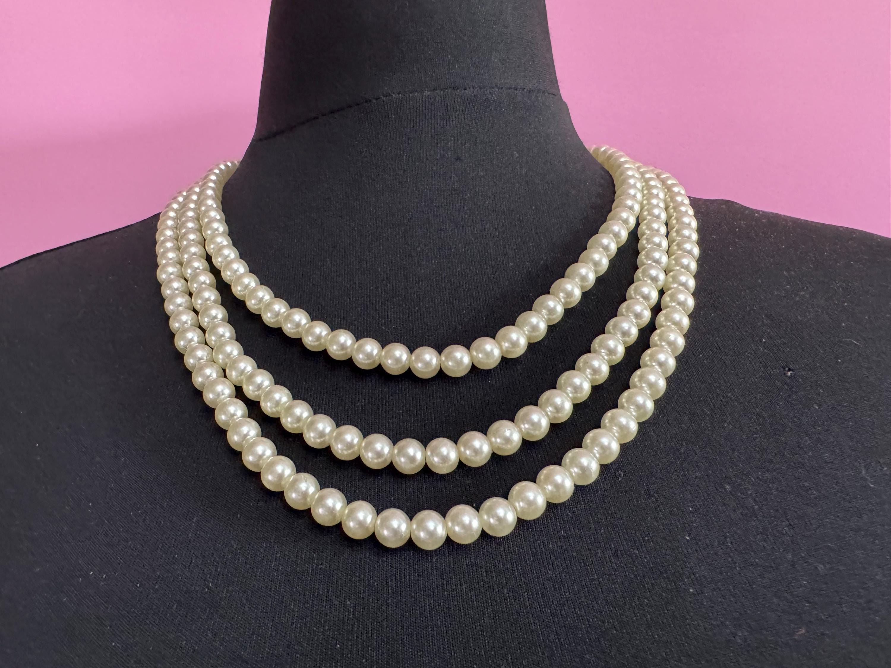vintage pearl necklace choker triple 3 strand diamante bow clasp clear paste bling party evening wear