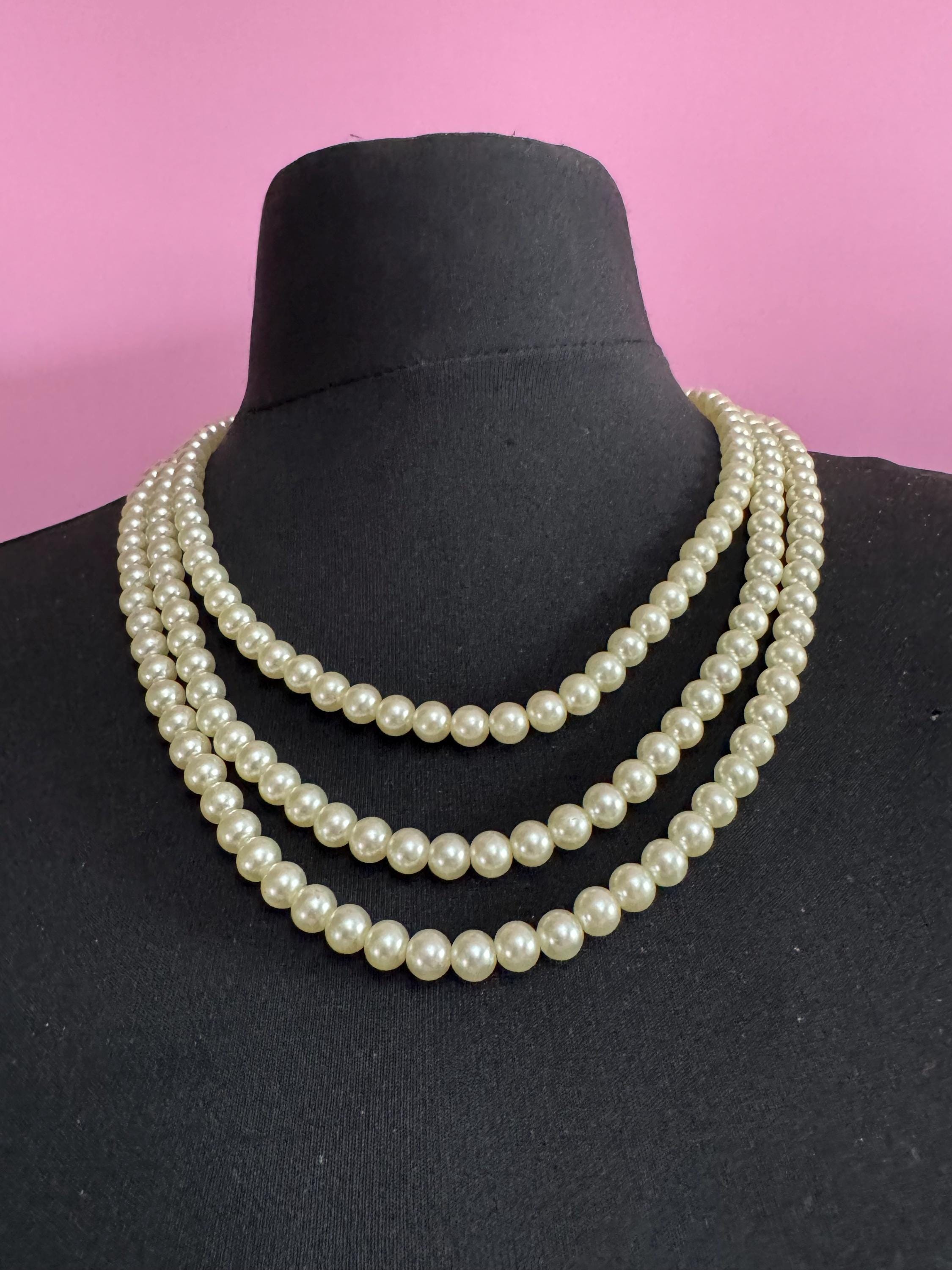 vintage pearl necklace choker triple 3 strand diamante bow clasp clear paste bling party evening wear
