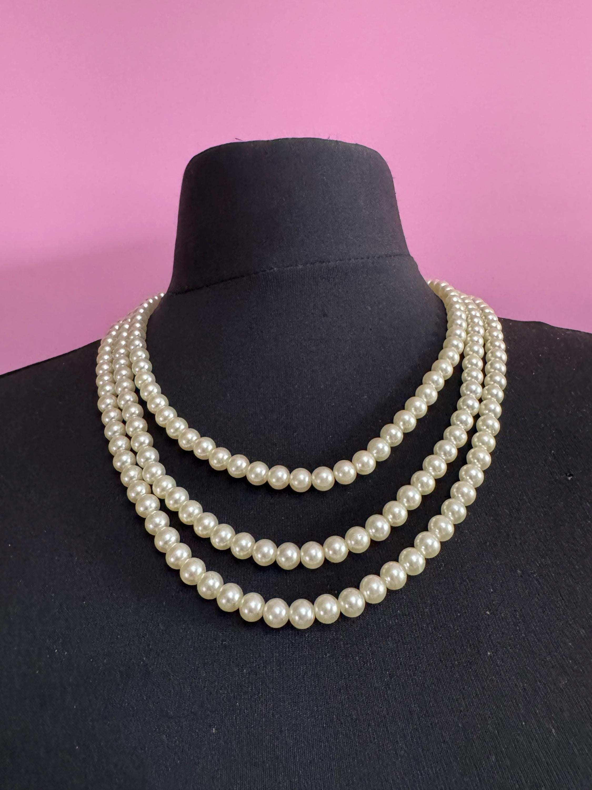 vintage pearl necklace choker triple 3 strand diamante bow clasp clear paste bling party evening wear