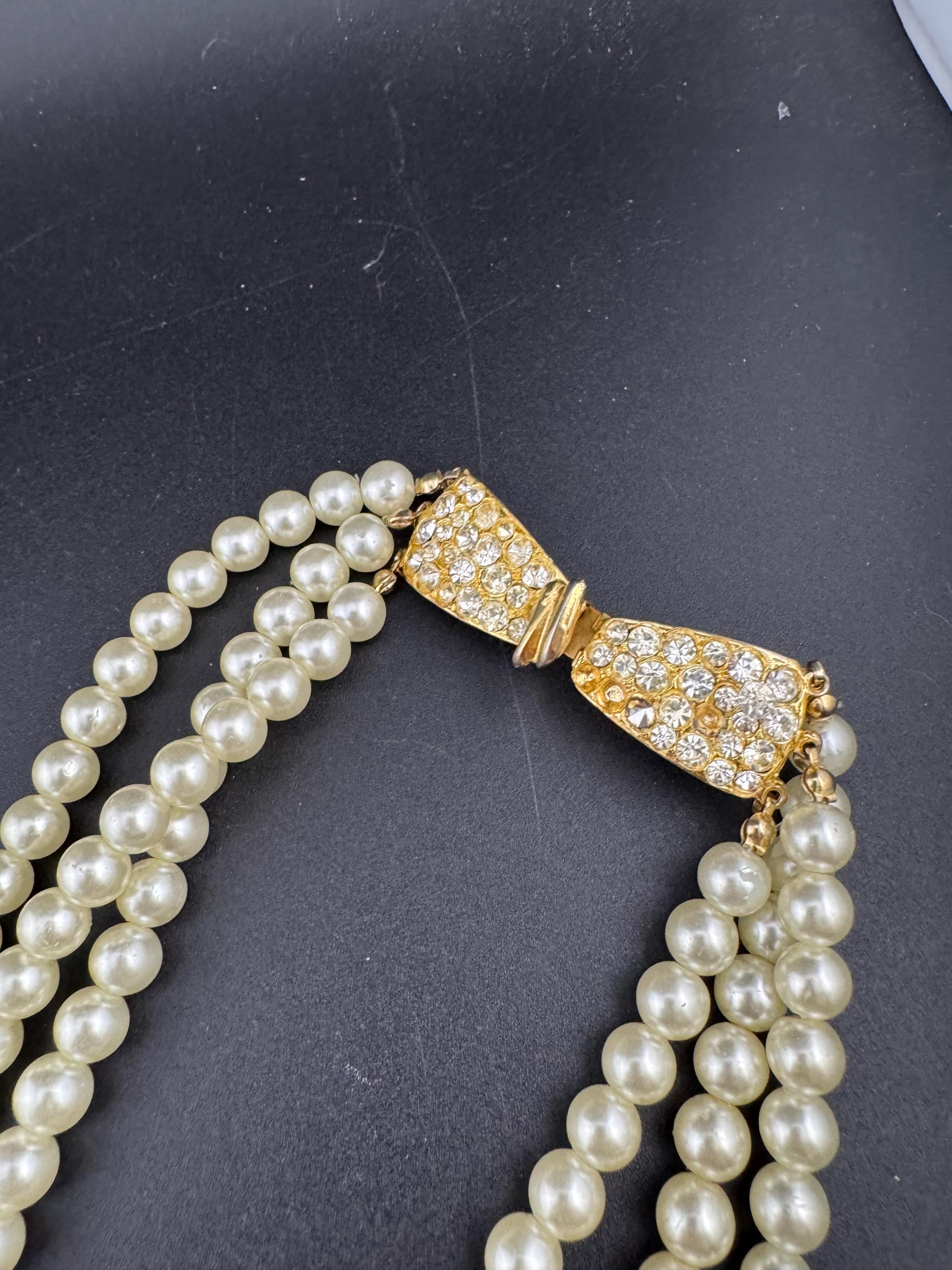 vintage pearl necklace choker triple 3 strand diamante bow clasp clear paste bling party evening wear