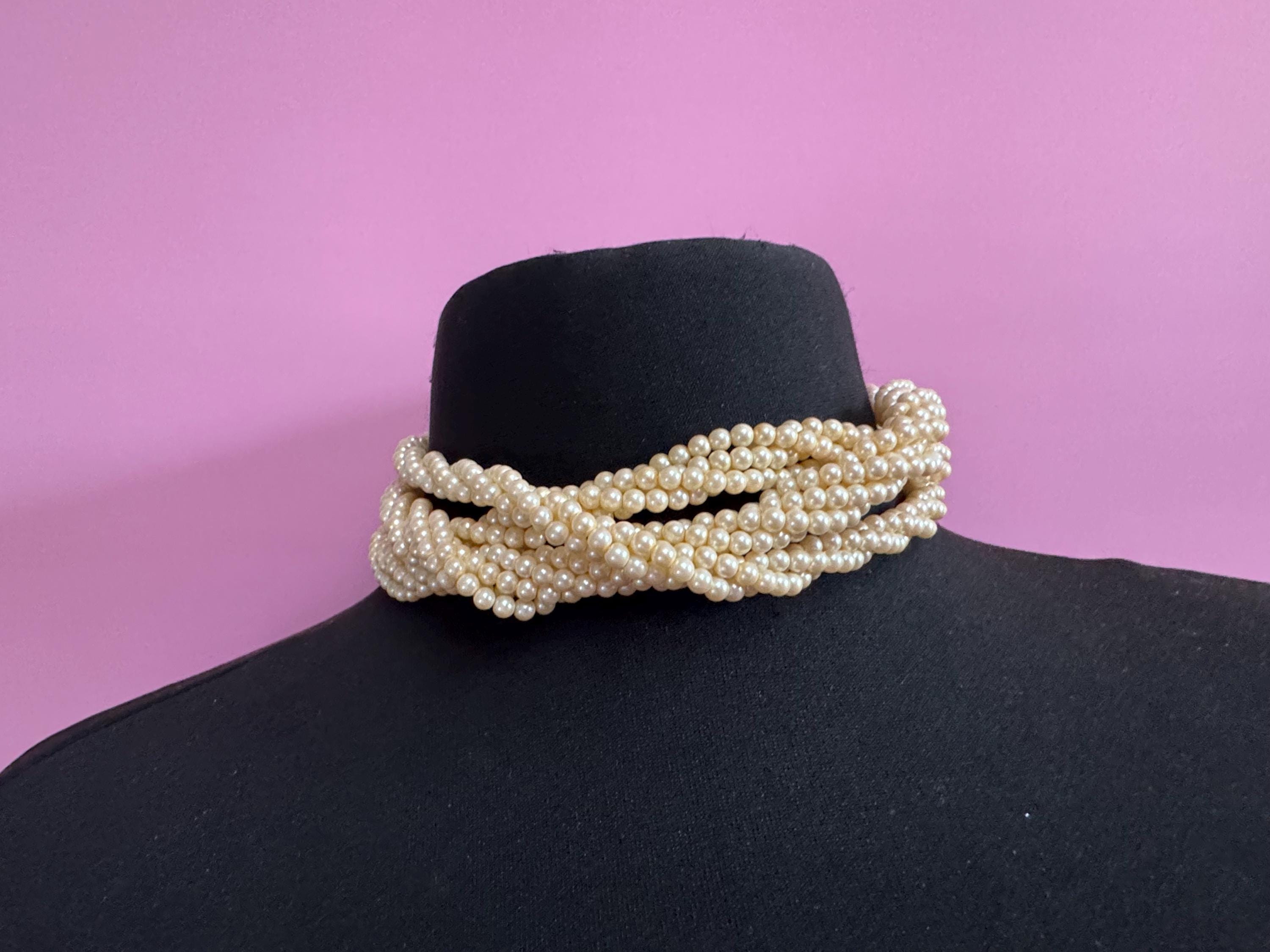 Vintage faux glass pearl multi strand 3 row collar twisted choker necklace art deco 1920s 1930s 1940s 1950s gatsby fabulous clasp
