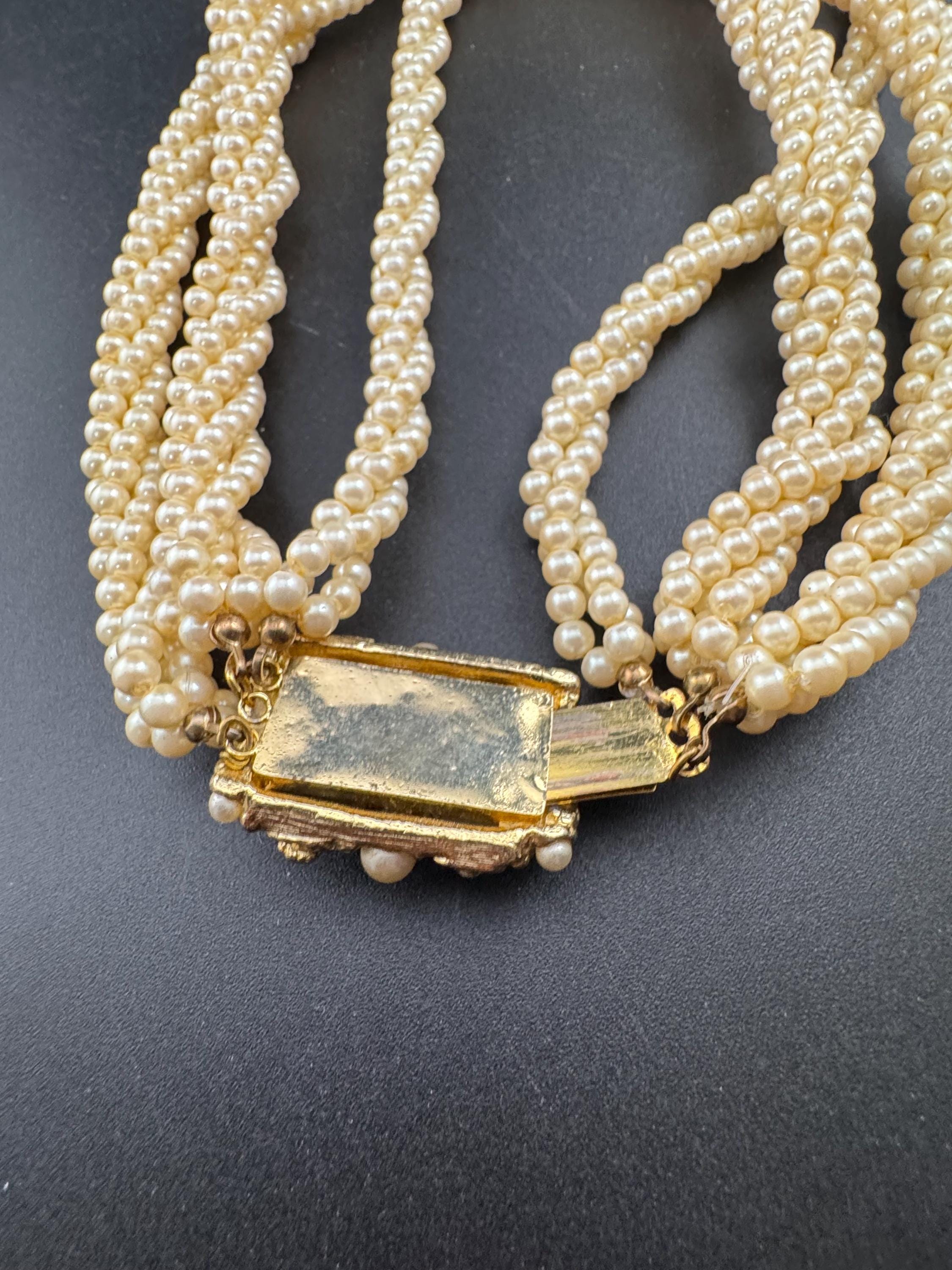 Vintage faux glass pearl multi strand 3 row collar twisted choker necklace art deco 1920s 1930s 1940s 1950s gatsby fabulous clasp