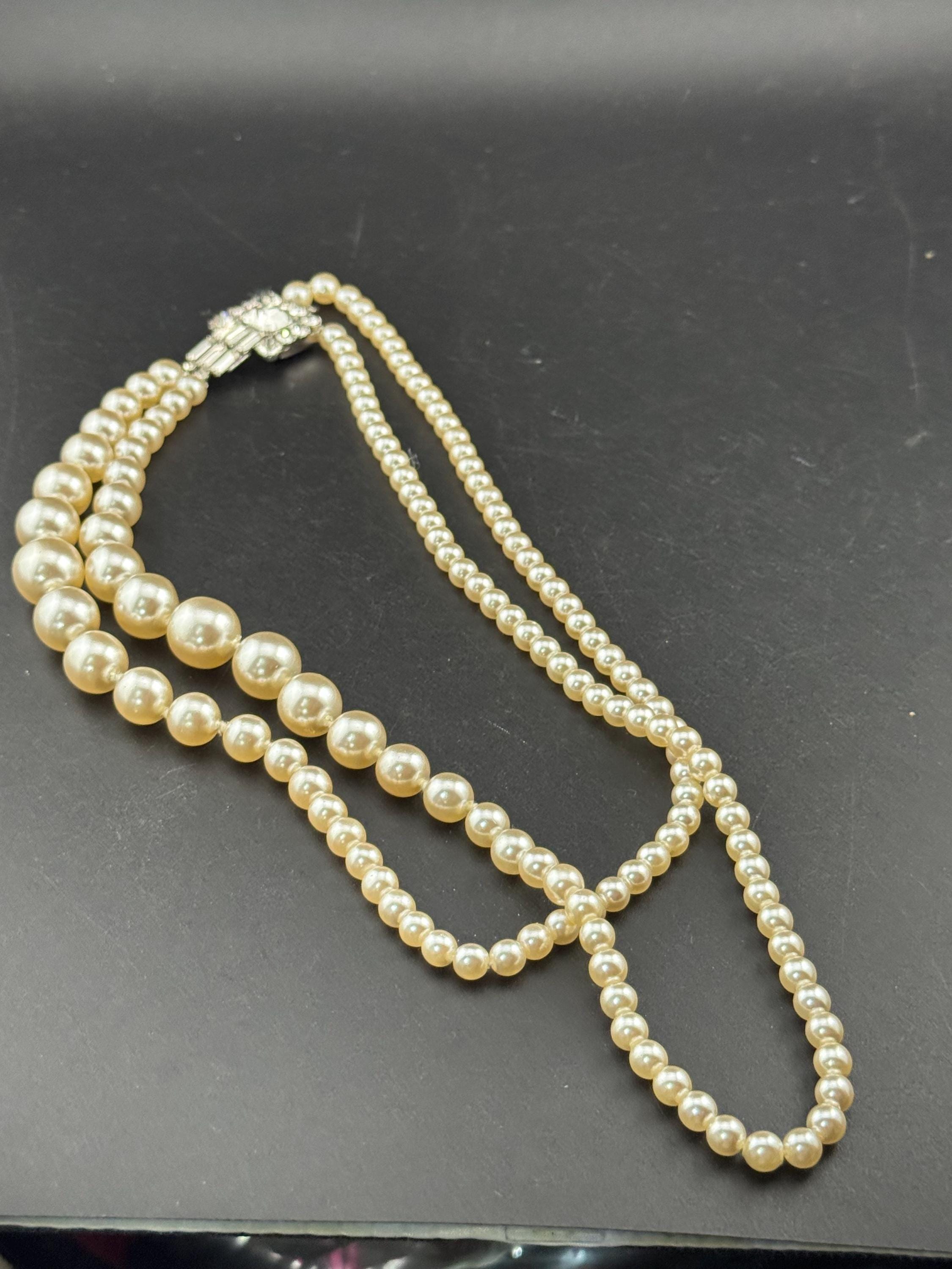 vintage pearl necklace, 2 strand with ornate large diamante side clasp clear rhinestones, bling party evening wear