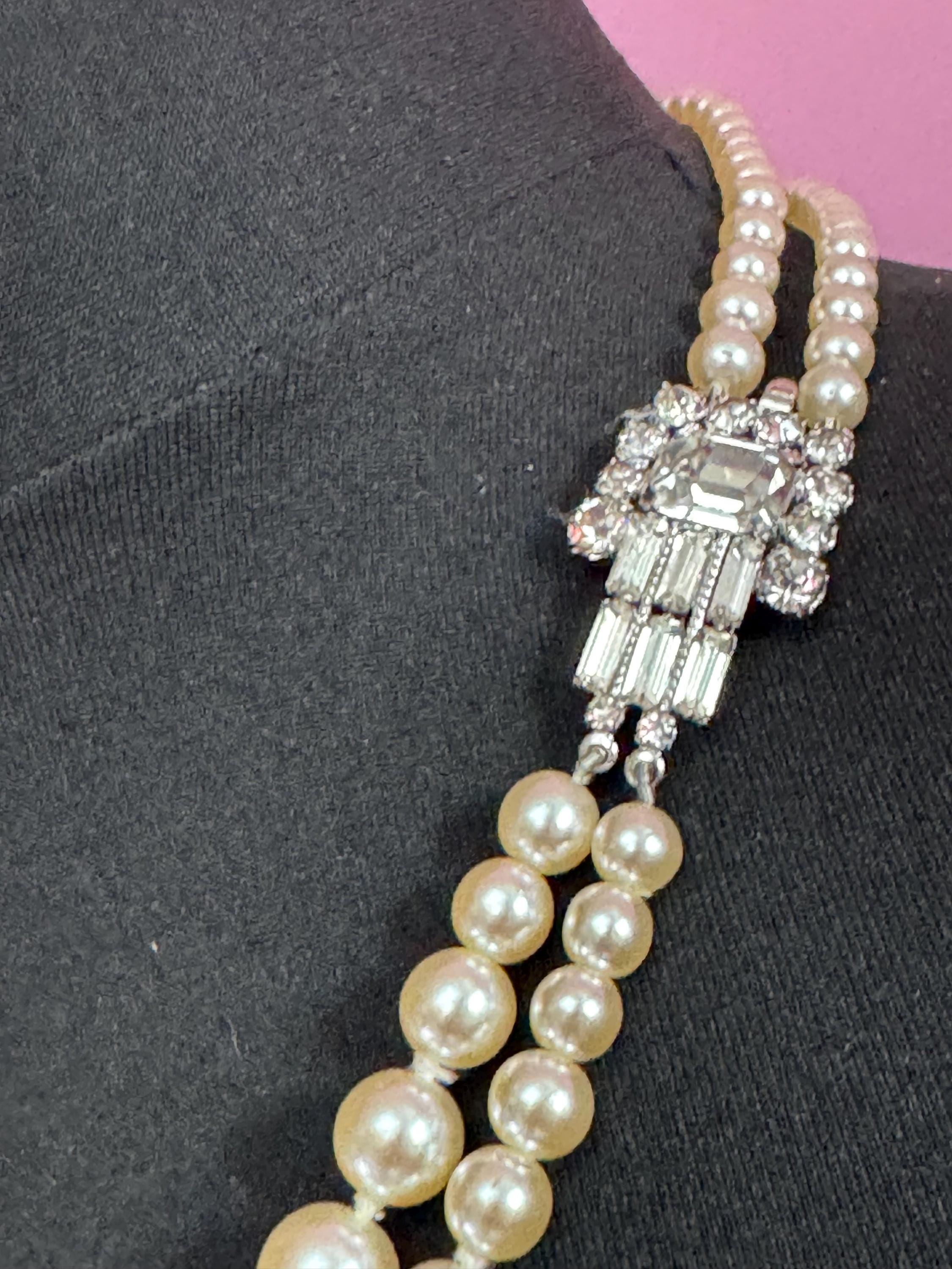 vintage pearl necklace, 2 strand with ornate large diamante side clasp clear rhinestones, bling party evening wear
