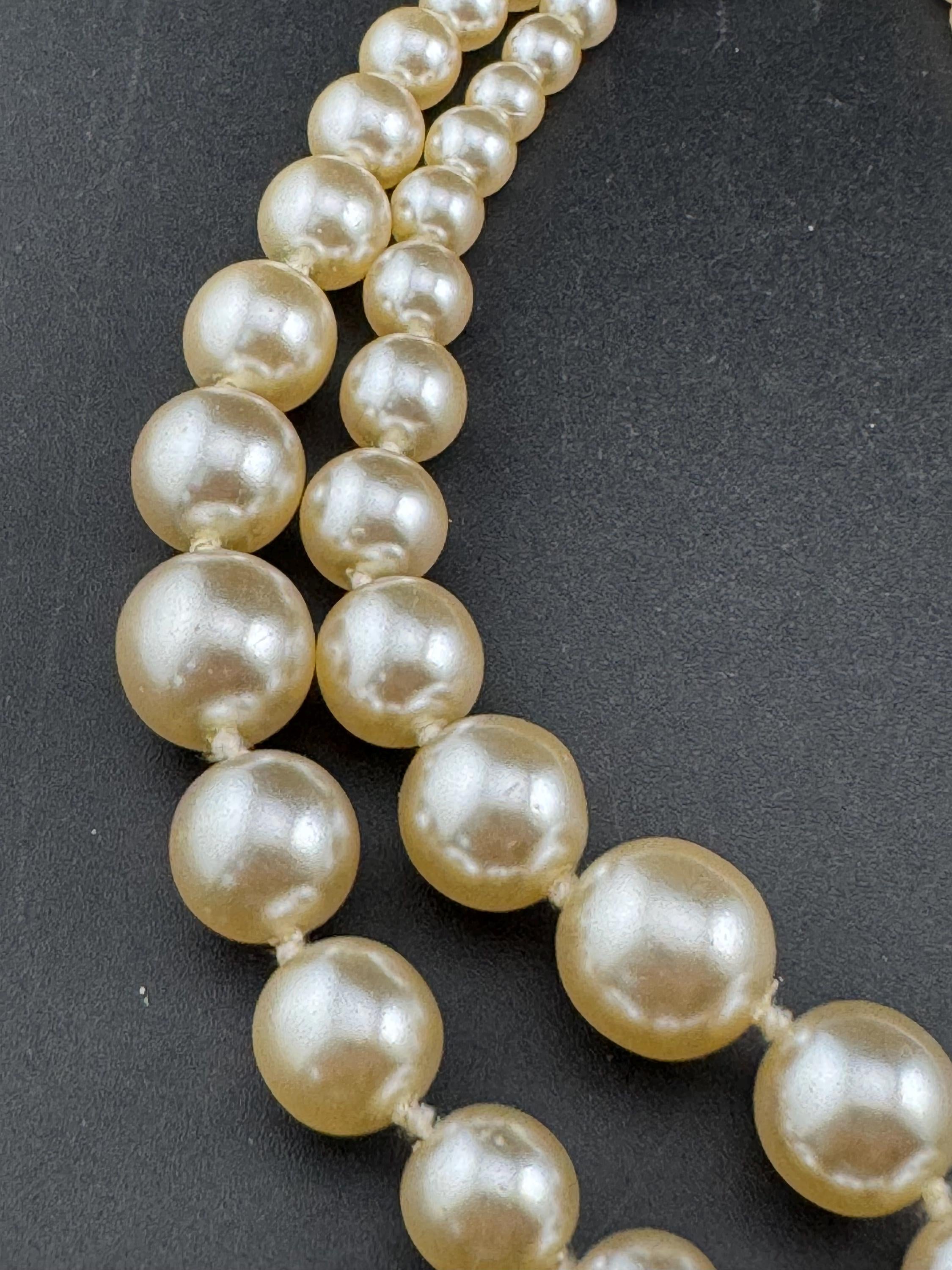 vintage pearl necklace, 2 strand with ornate large diamante side clasp clear rhinestones, bling party evening wear
