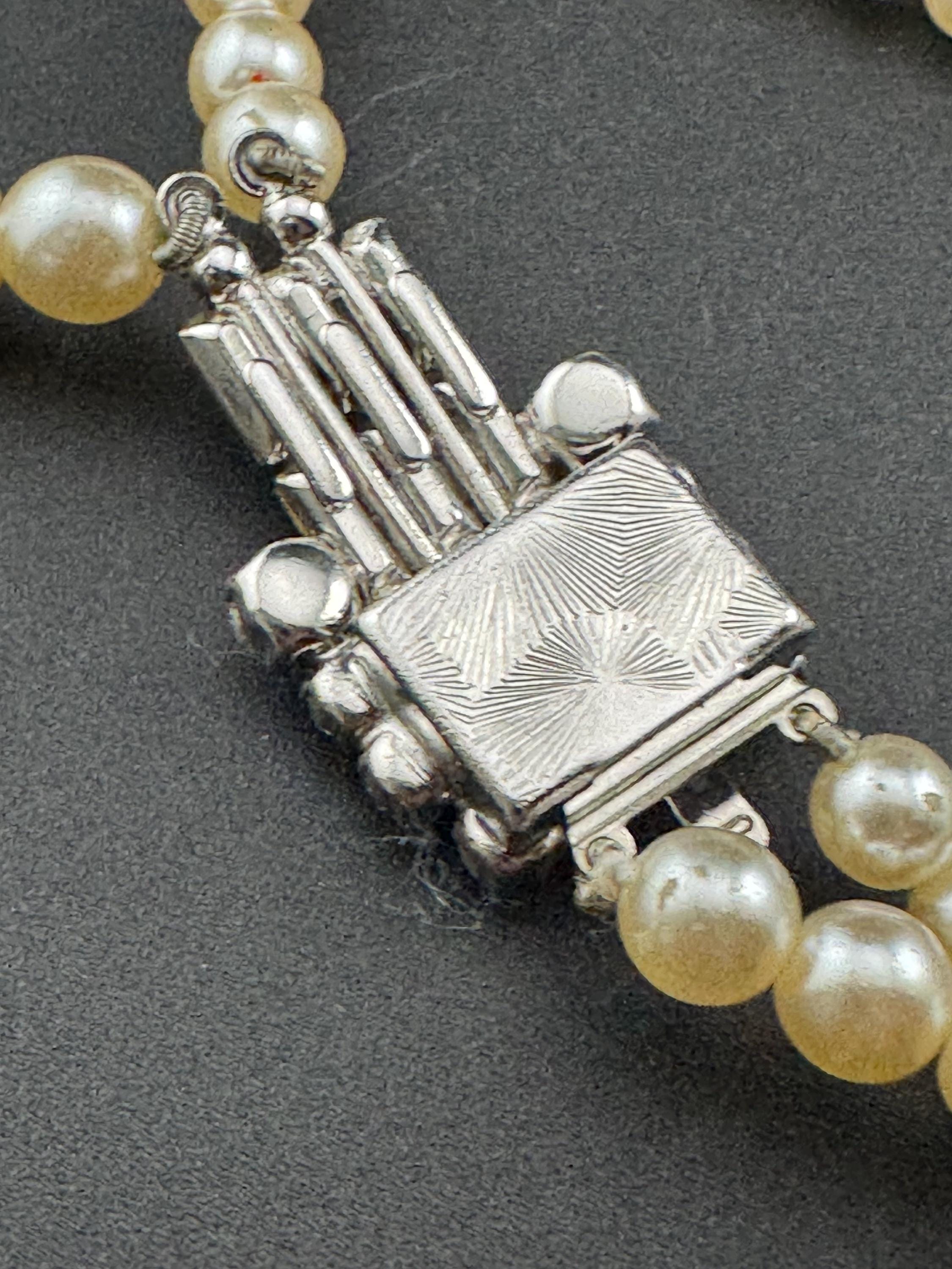 vintage pearl necklace, 2 strand with ornate large diamante side clasp clear rhinestones, bling party evening wear