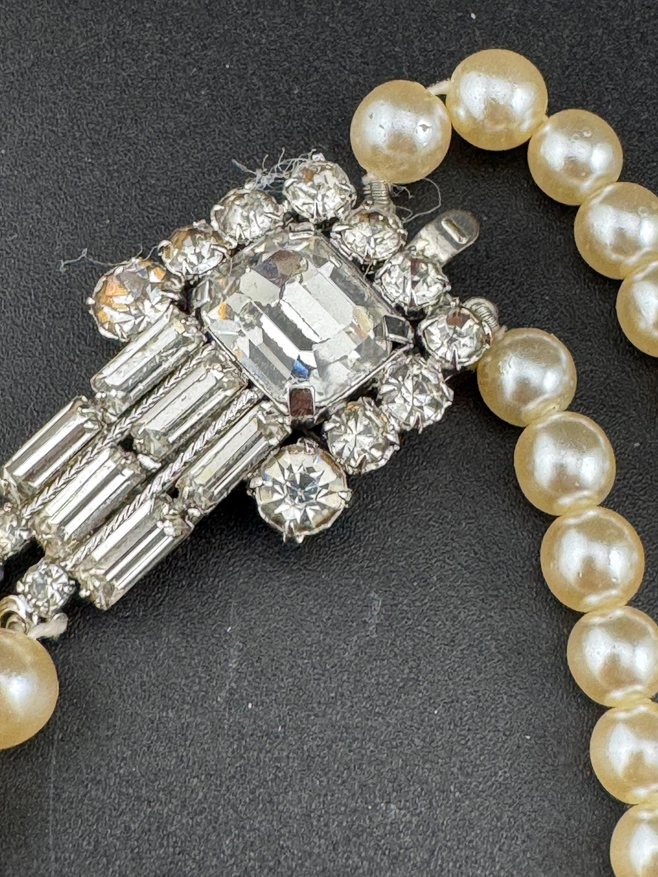 vintage pearl necklace, 2 strand with ornate large diamante side clasp clear rhinestones, bling party evening wear