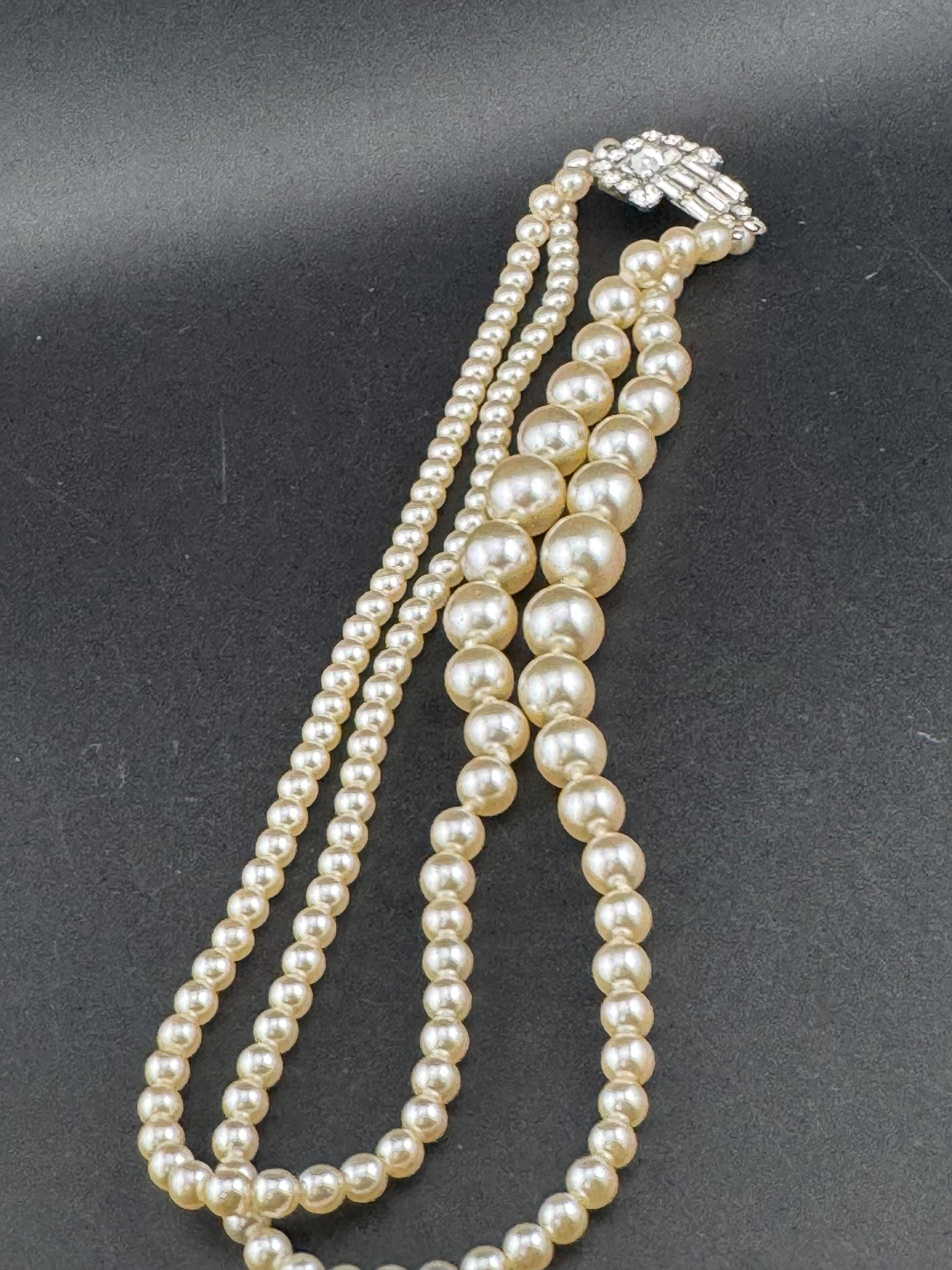 vintage pearl necklace, 2 strand with ornate large diamante side clasp clear rhinestones, bling party evening wear