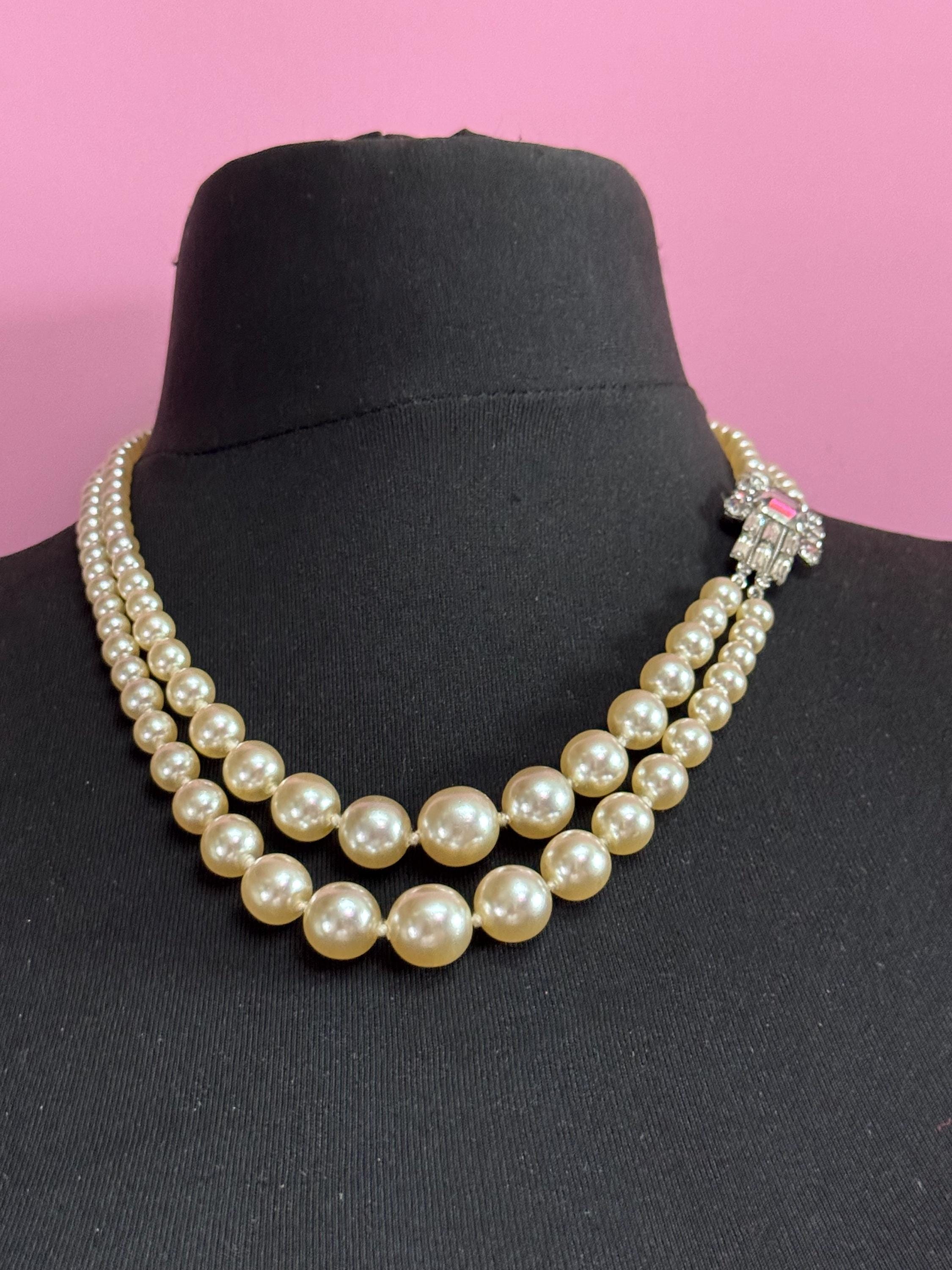 vintage pearl necklace, 2 strand with ornate large diamante side clasp clear rhinestones, bling party evening wear