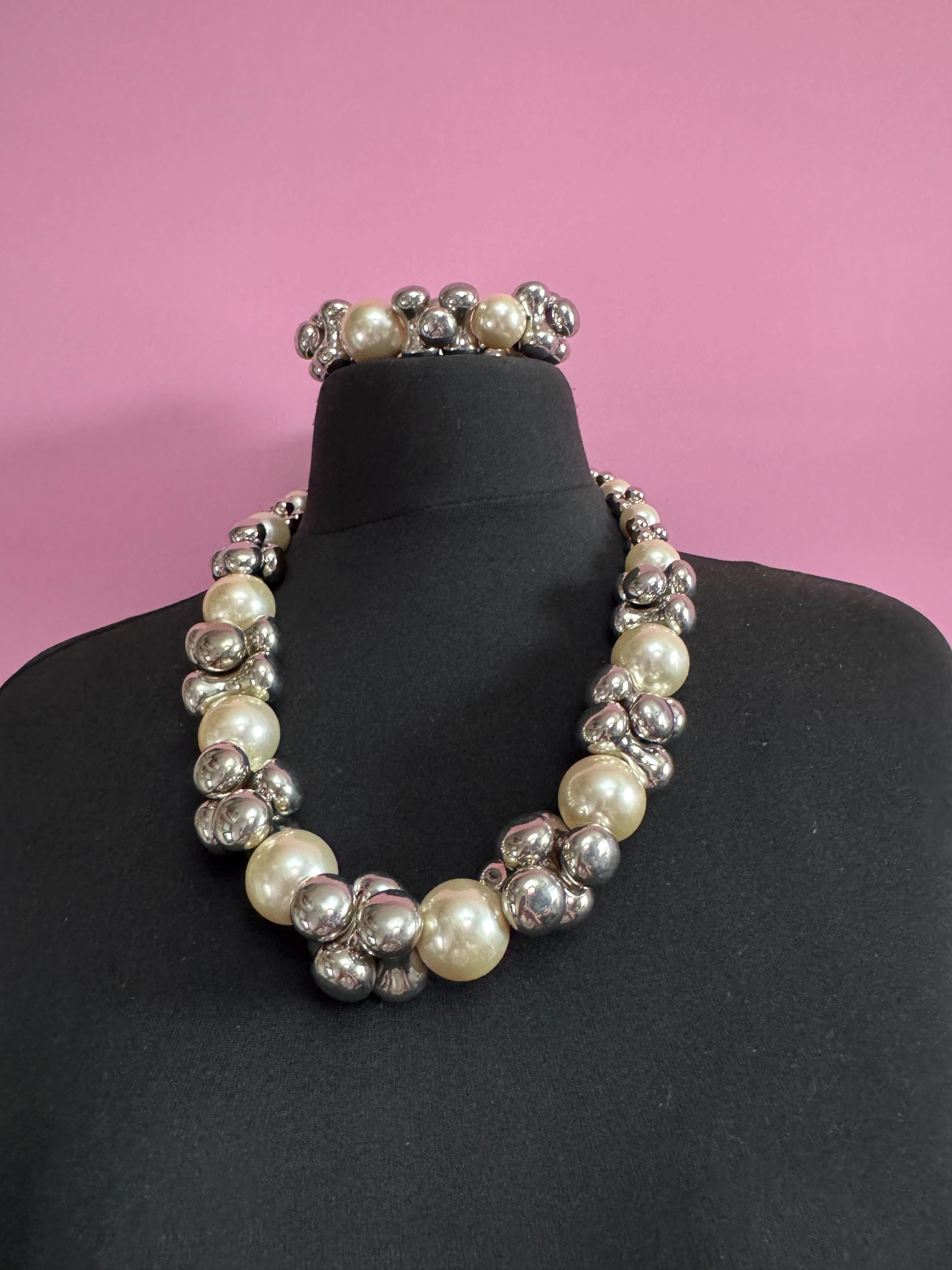 Signed Emporia Vintage chunky grey plastic beaded white faux pearl necklace with matching stretch bracelet