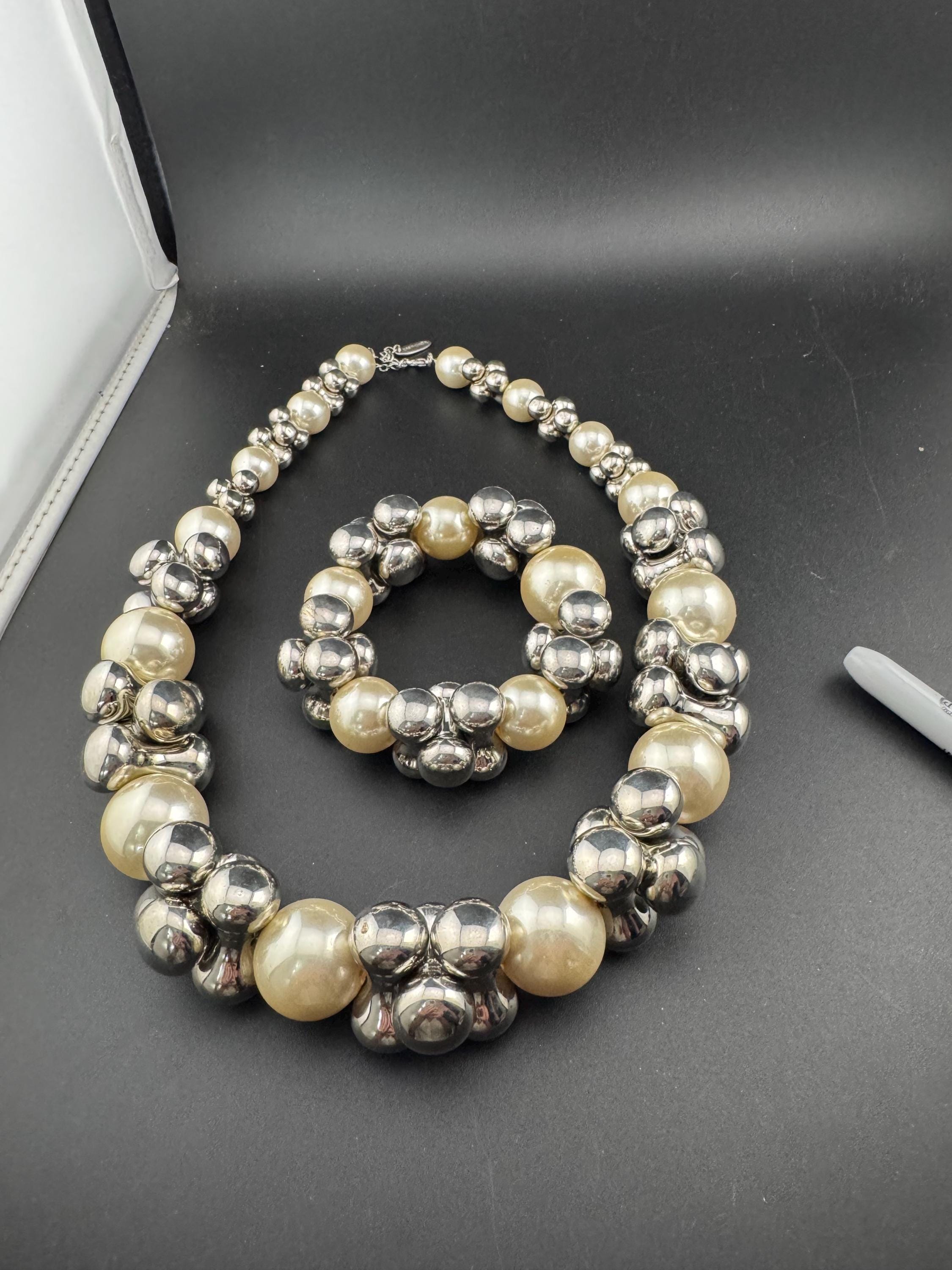 Signed Emporia Vintage chunky grey plastic beaded white faux pearl necklace with matching stretch bracelet