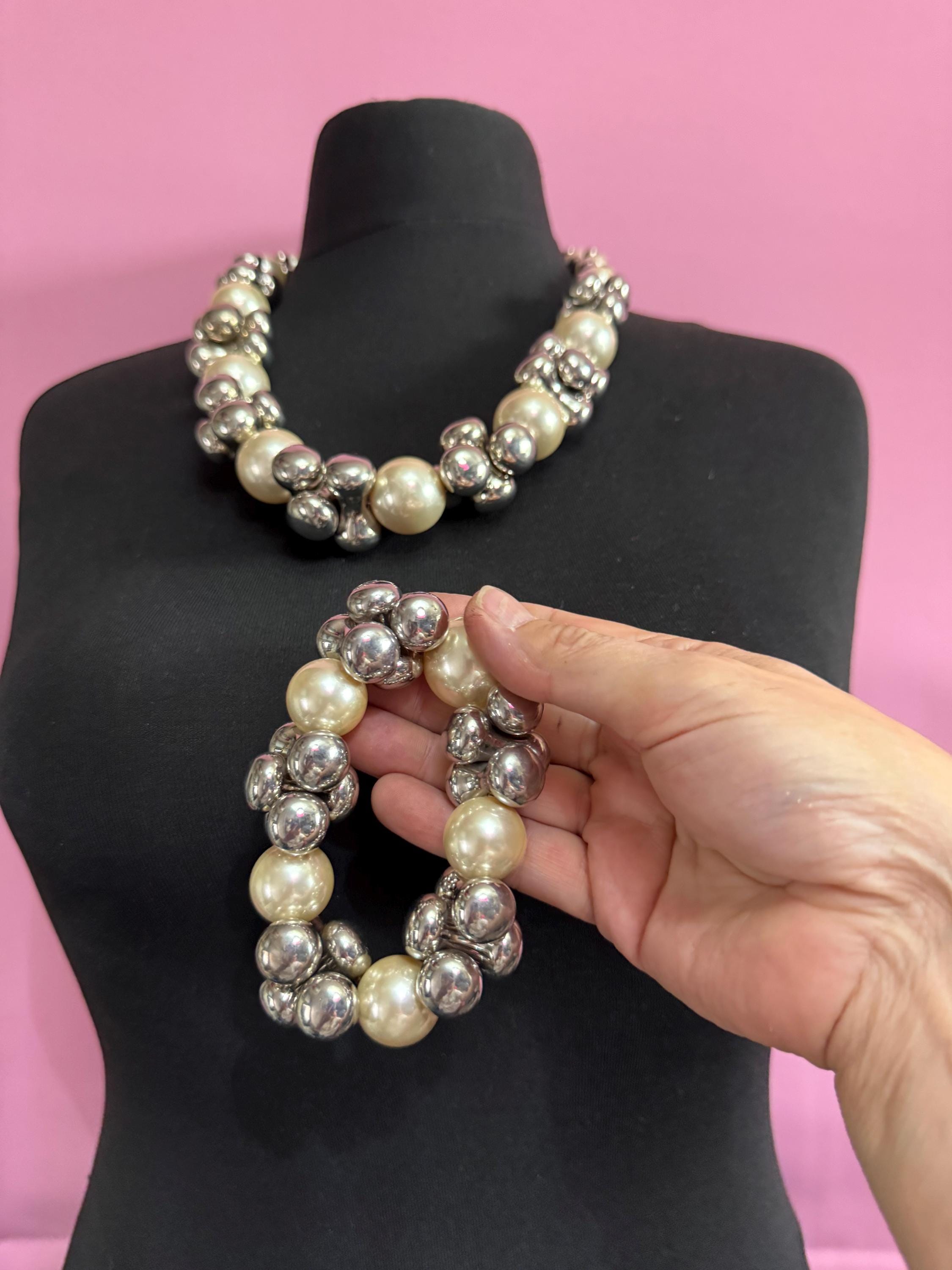 Signed Emporia Vintage chunky grey plastic beaded white faux pearl necklace with matching stretch bracelet