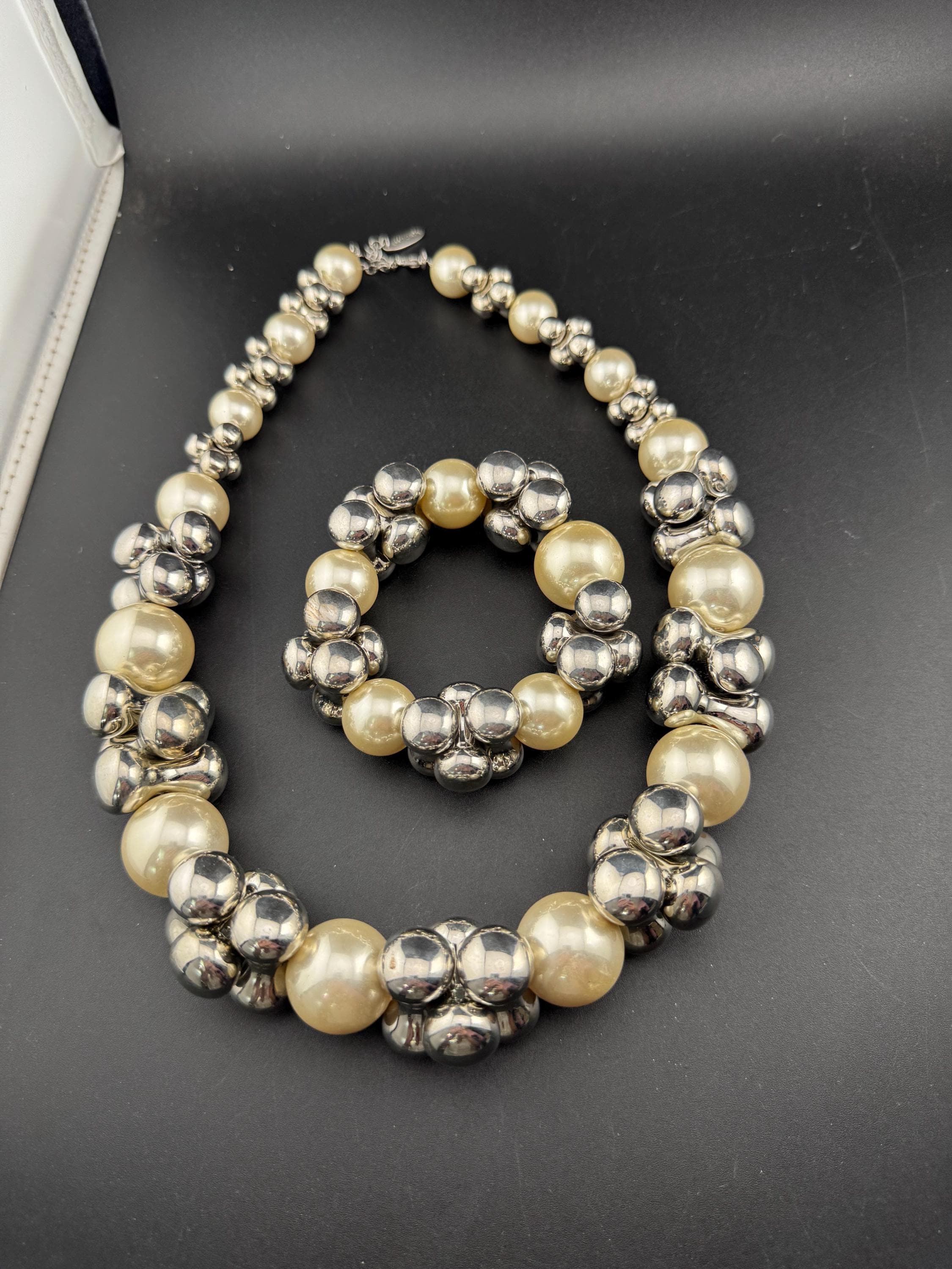 Signed Emporia Vintage chunky grey plastic beaded white faux pearl necklace with matching stretch bracelet