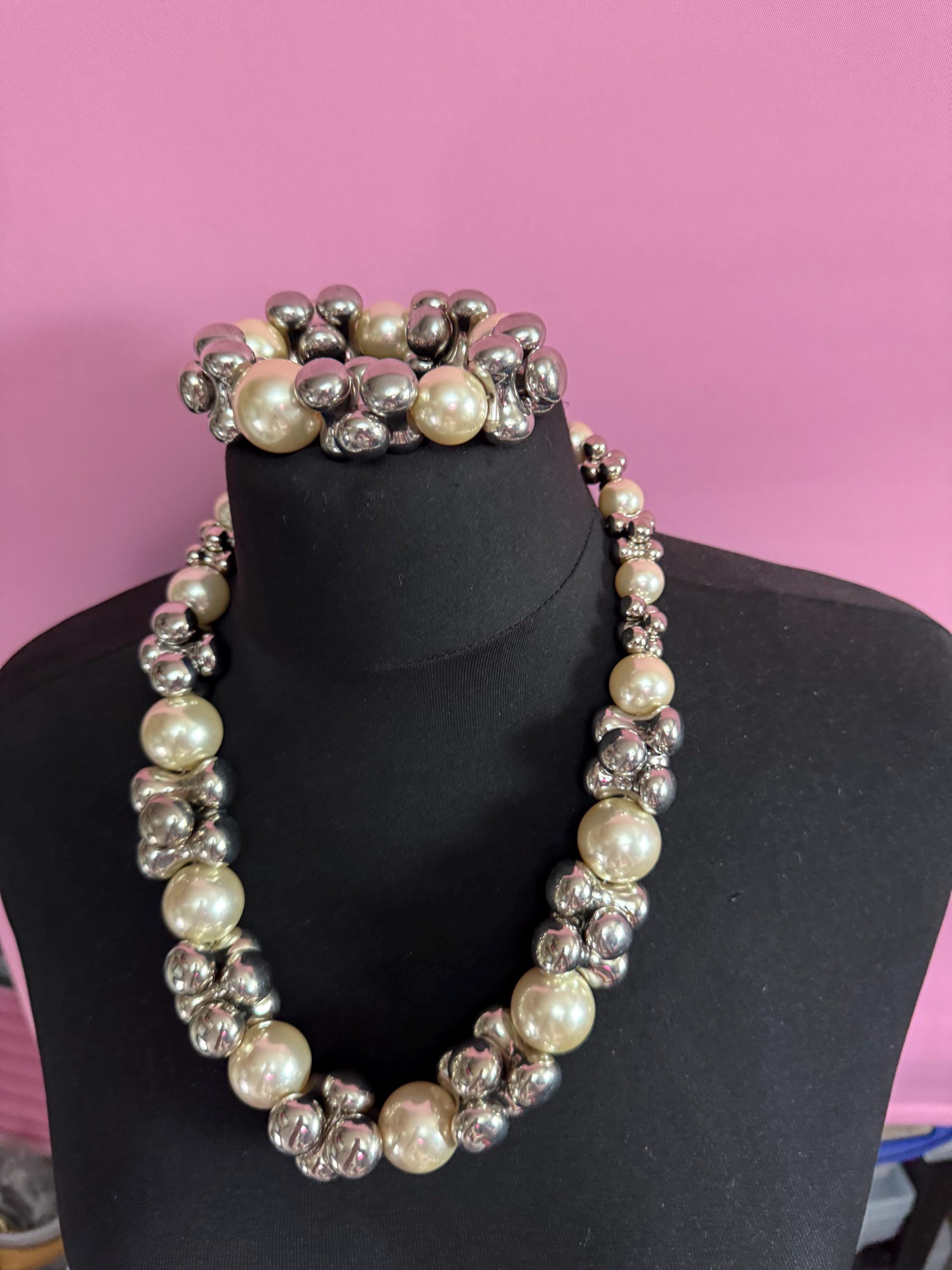 Signed Emporia Vintage chunky grey plastic beaded white faux pearl necklace with matching stretch bracelet