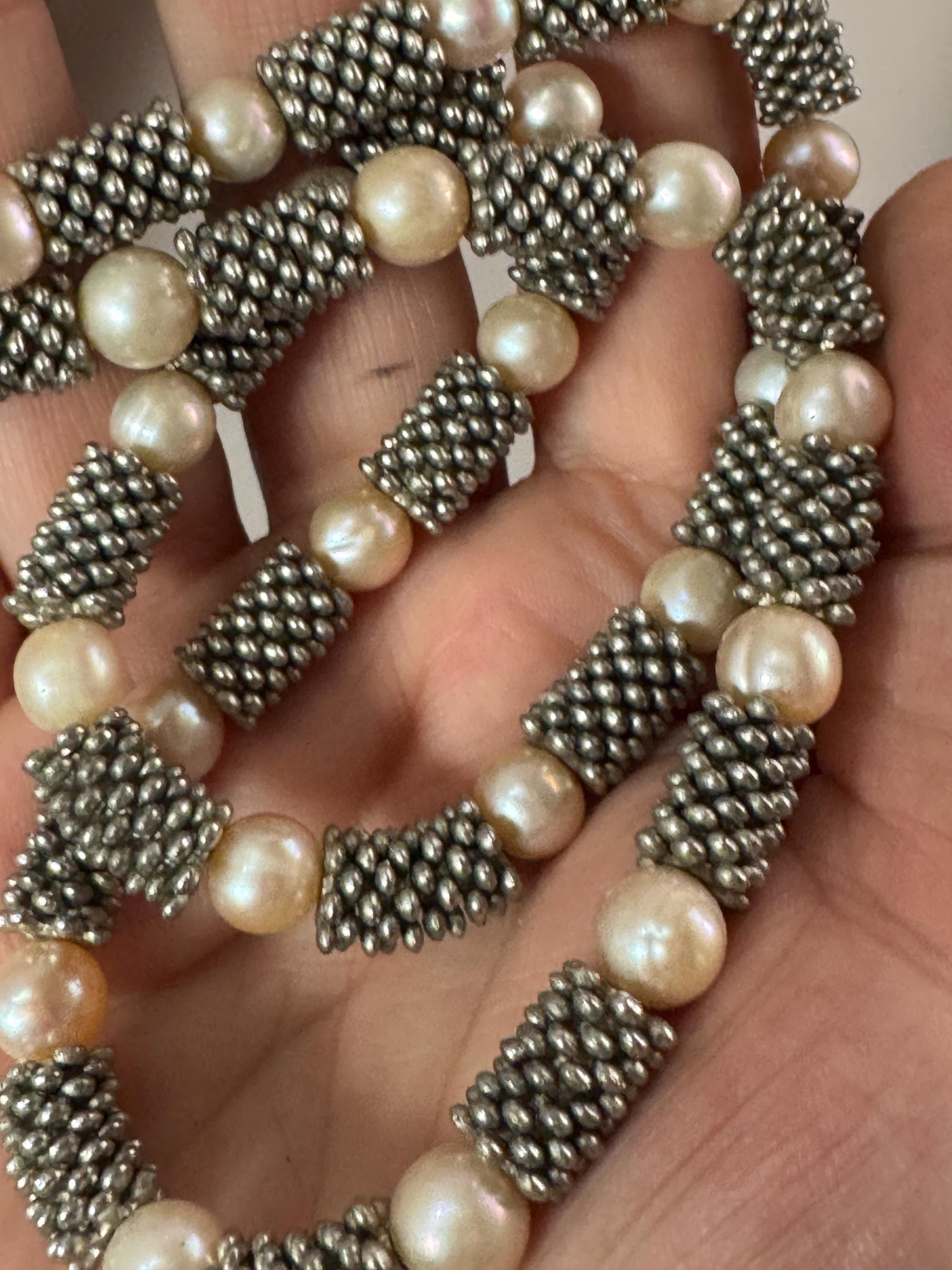 vintage freshwater pearl necklace modernist silver tone beads 52cm 8mm beads, senorita white metal clasp