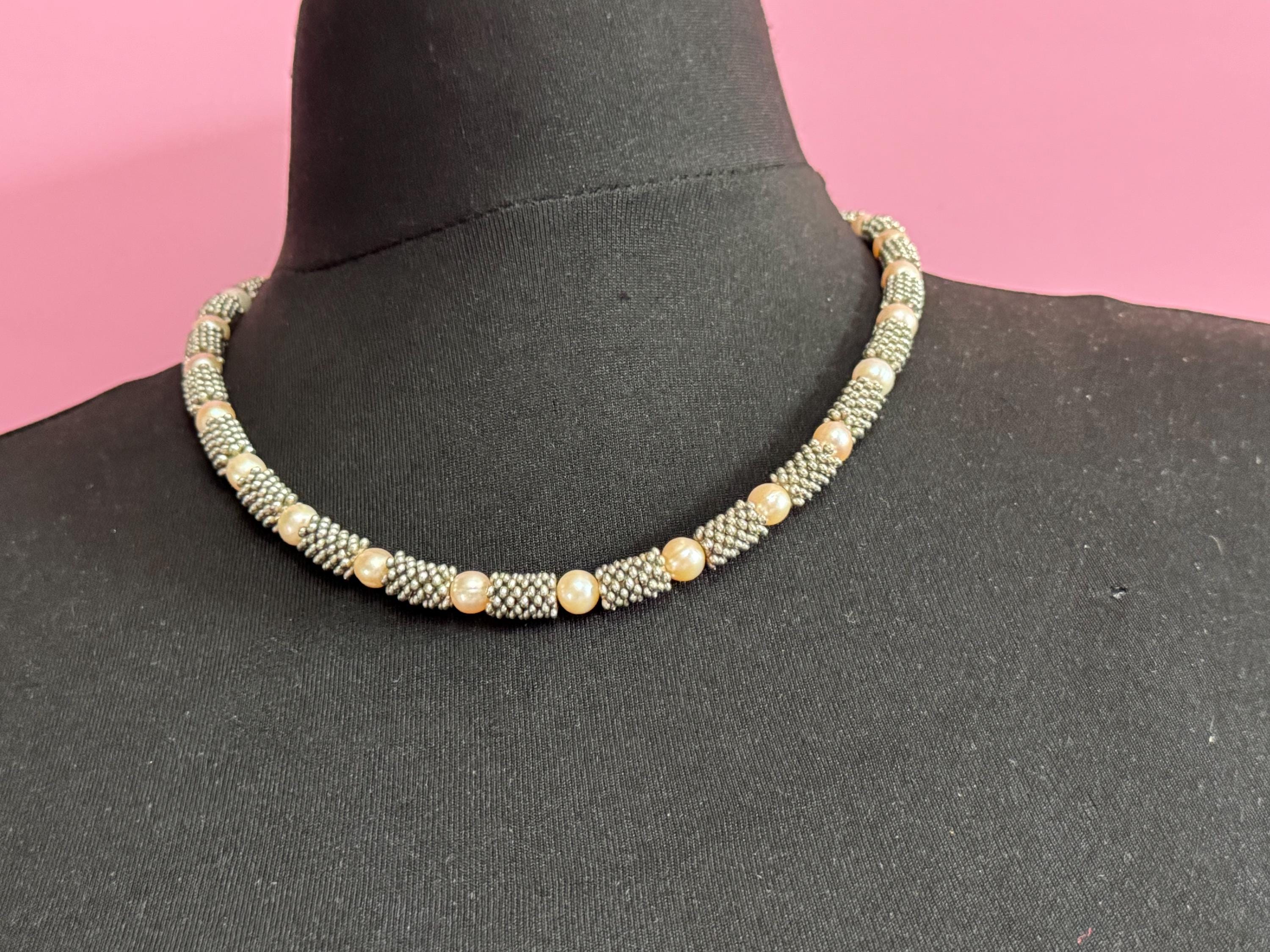 vintage freshwater pearl necklace modernist silver tone beads 52cm 8mm beads, senorita white metal clasp
