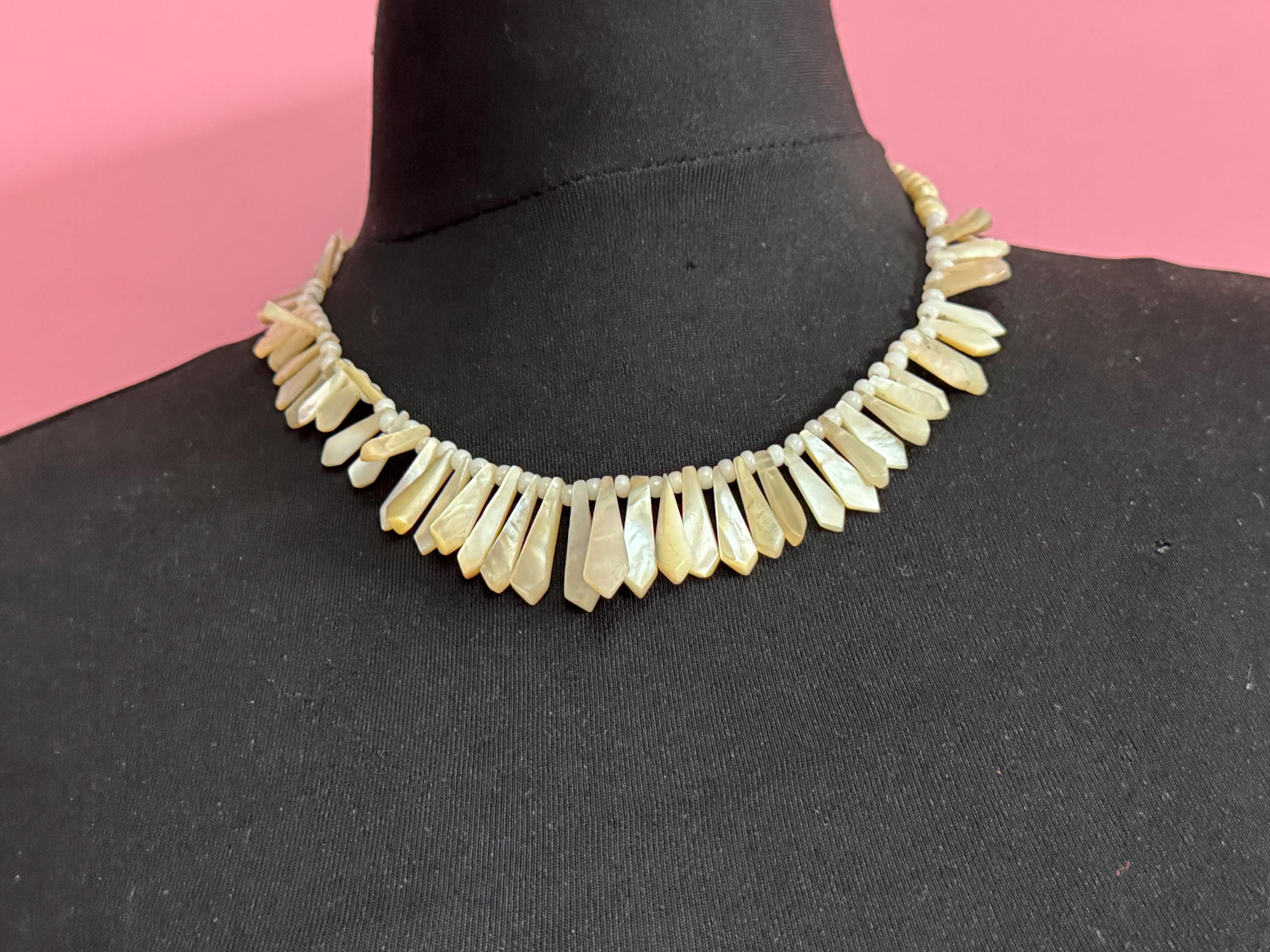 Vintage mother of pearl MOP Natural shell beaded necklace choker 50cm long summer nautical boho festival style
