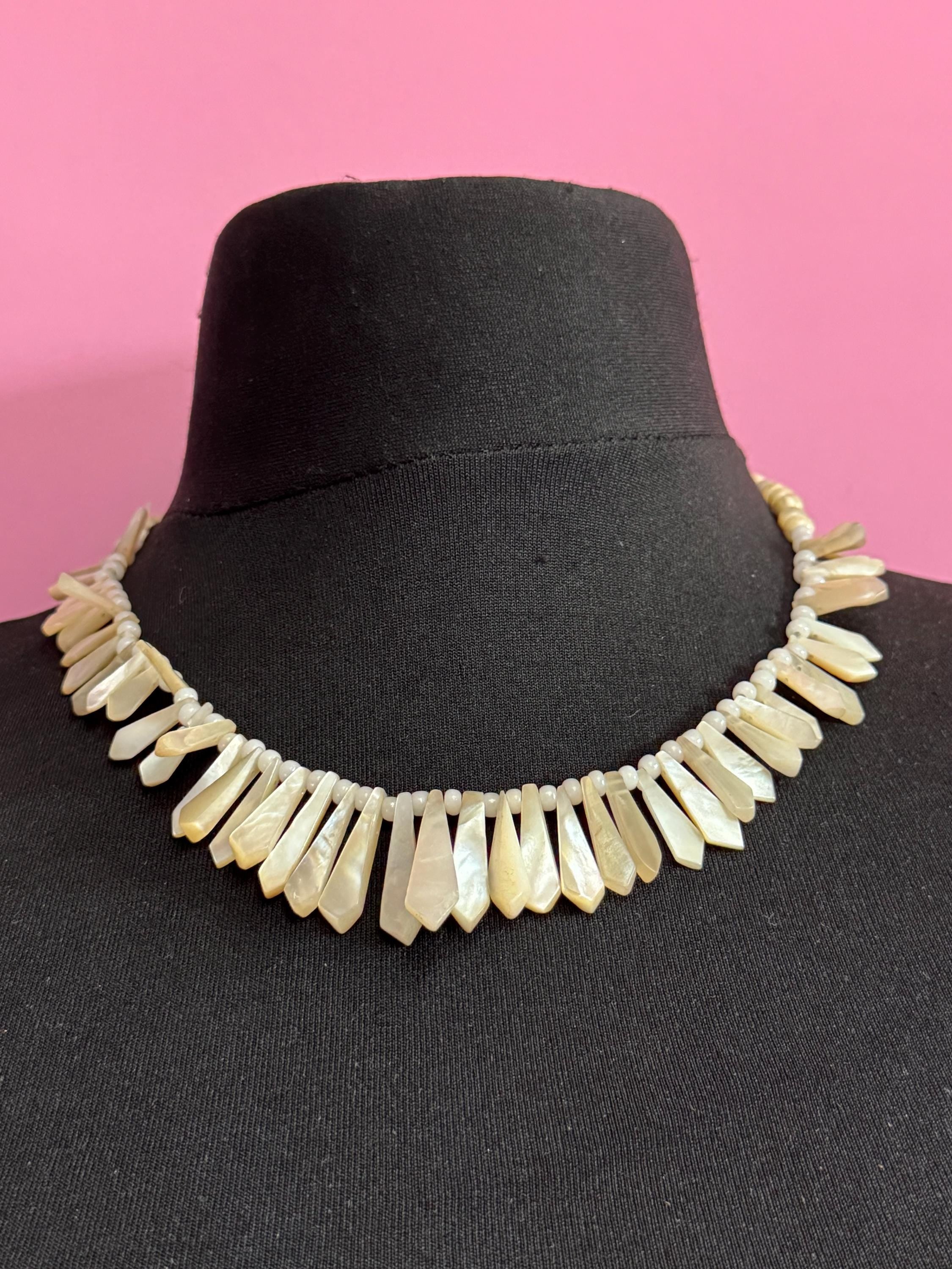 Vintage mother of pearl MOP Natural shell beaded necklace choker 50cm long summer nautical boho festival style