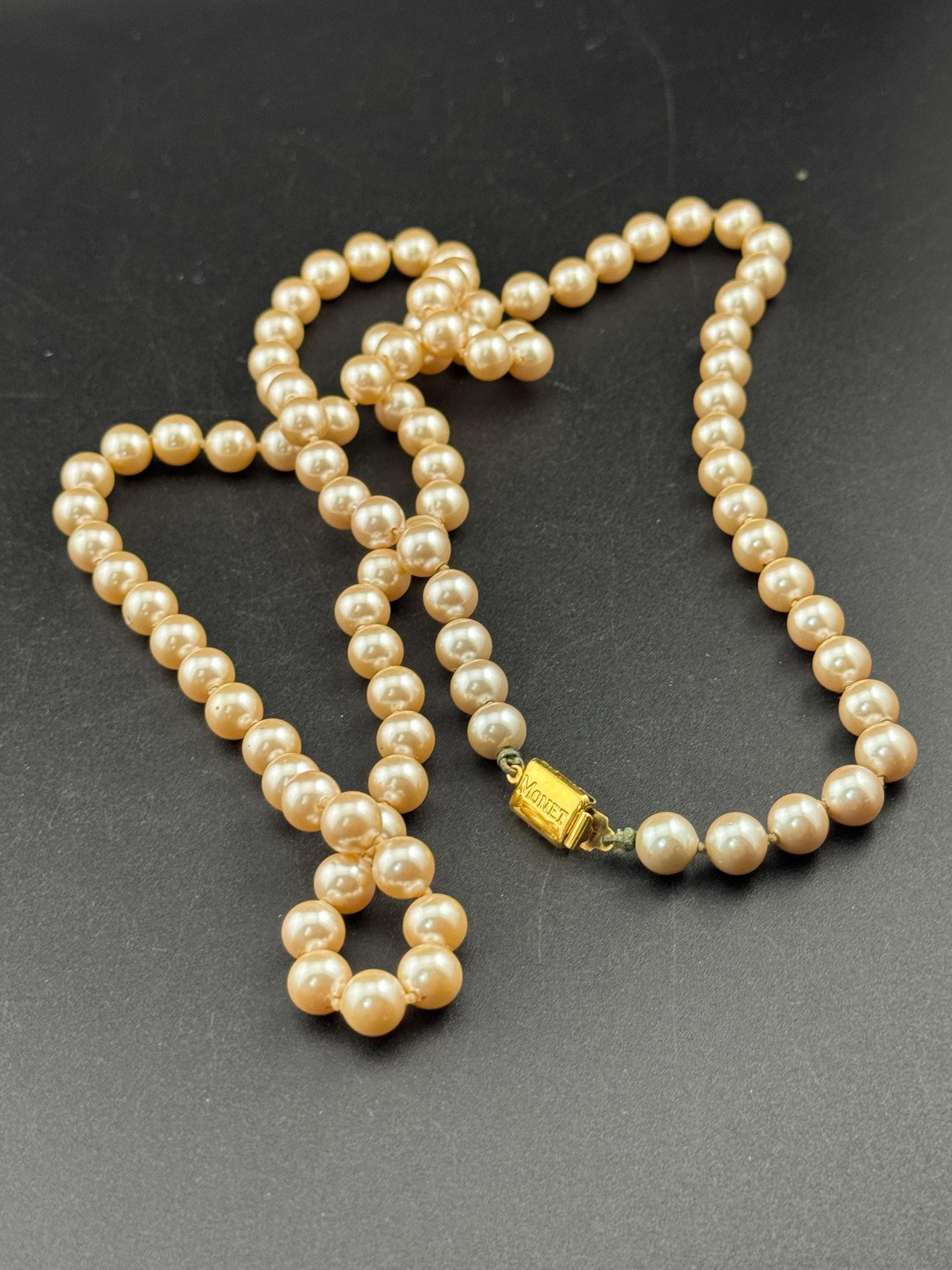 MONET signed Oyster cream knotted glass pearl necklace Vintage 92cm single strand row of pearls, gold tone