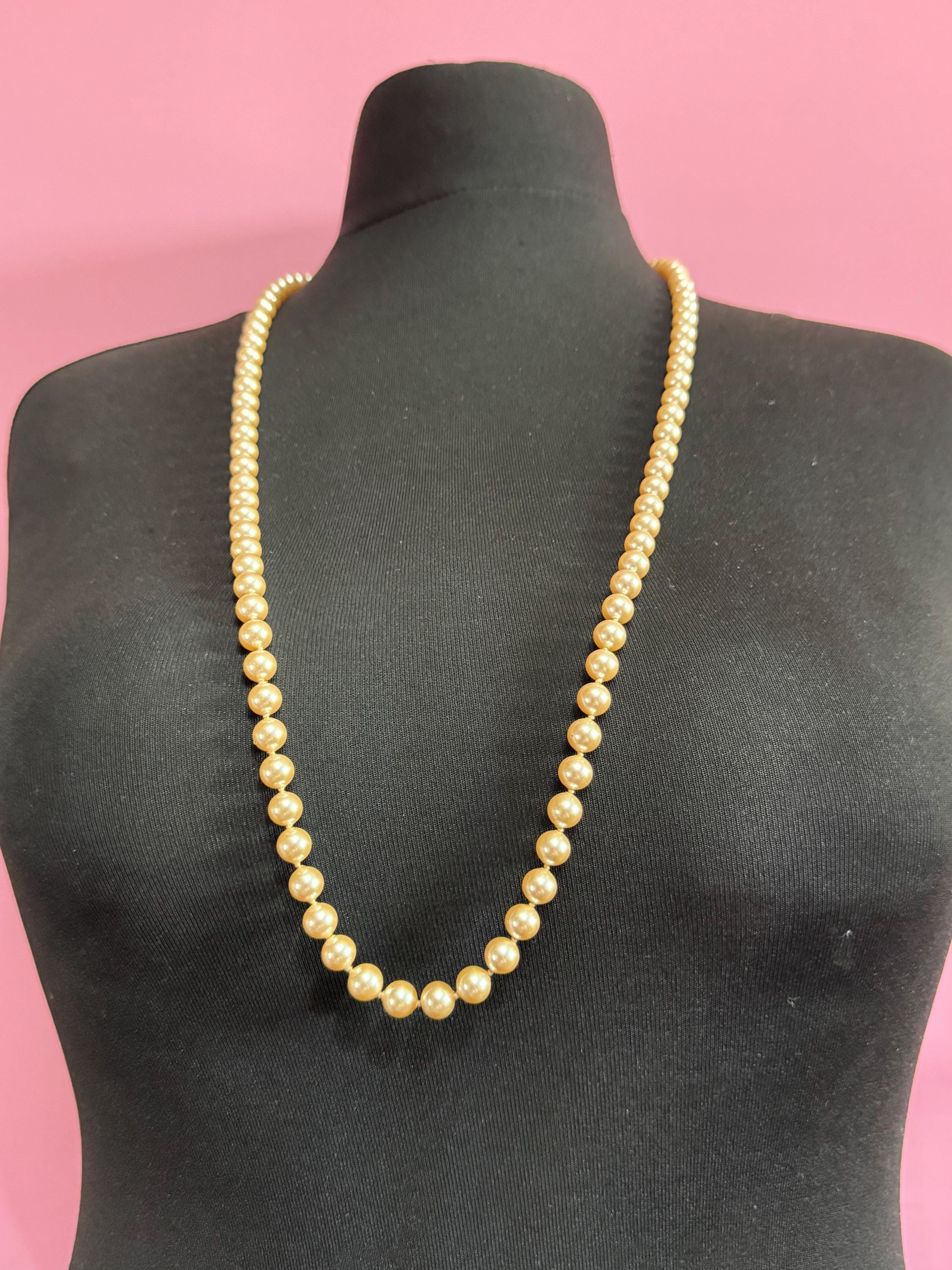 MONET signed Oyster cream knotted glass pearl necklace Vintage 92cm single strand row of pearls, gold tone