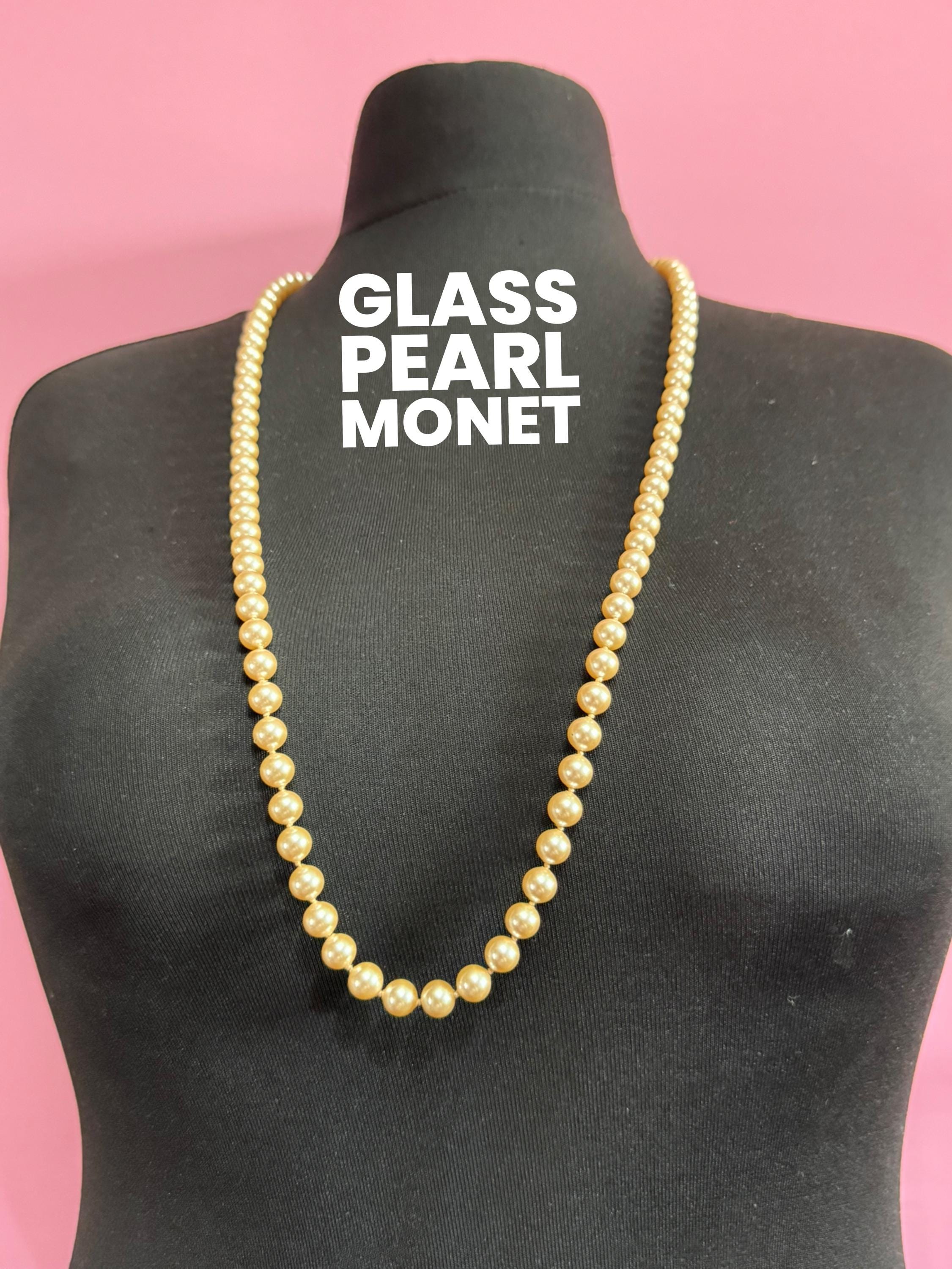 MONET signed Oyster cream knotted glass pearl necklace Vintage 92cm single strand row of pearls, gold tone
