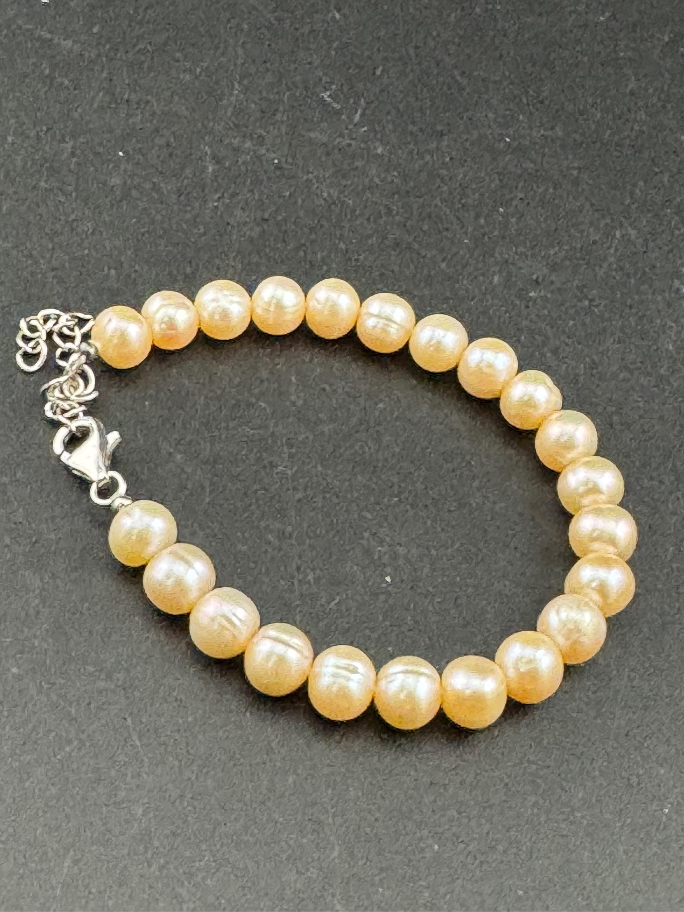 Vintage 925 sterling silver clasp modernist genuine pink beige freshwater pearl beaded bracelet 17-25cm