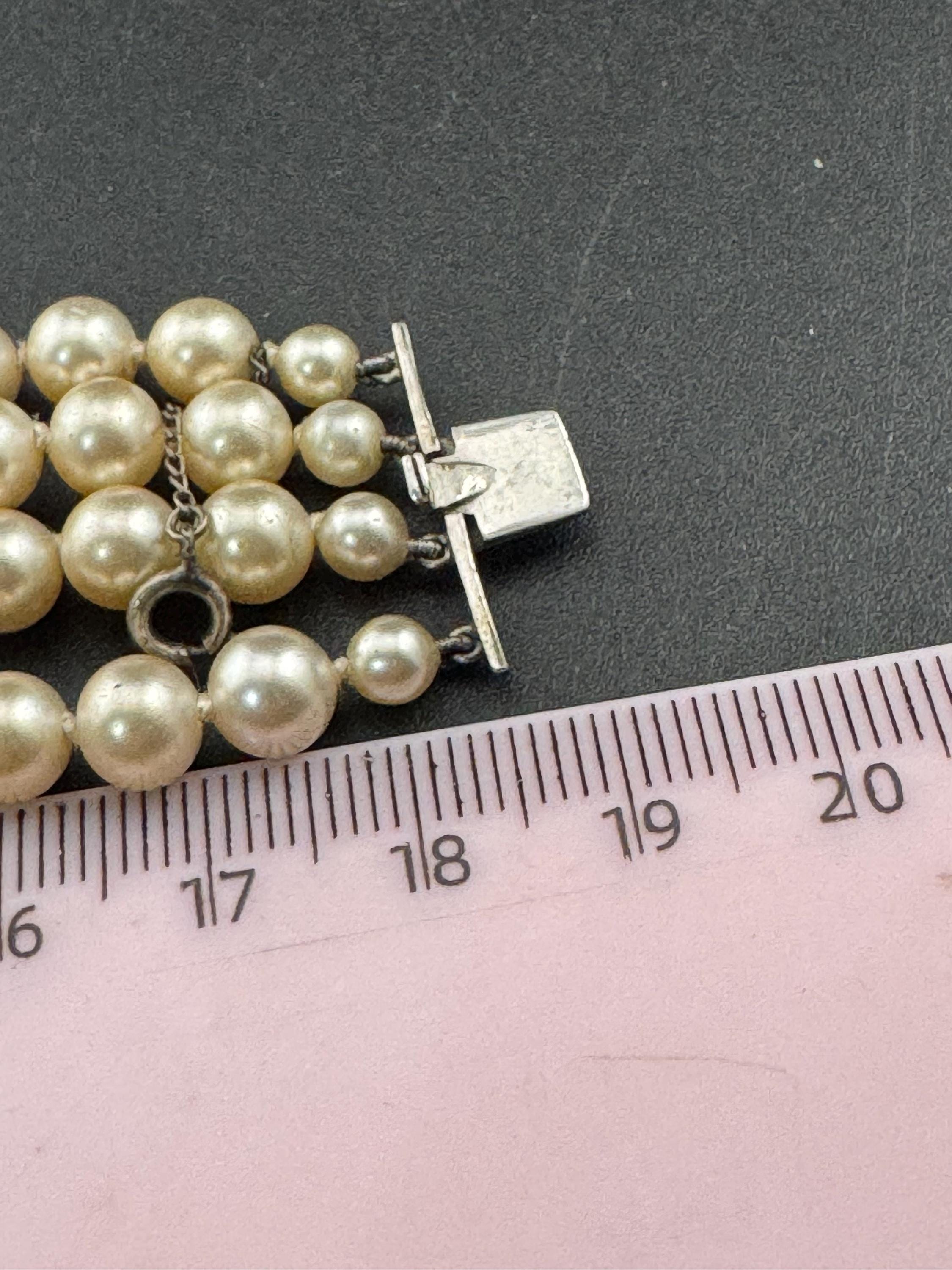 Vintage Ciro Faux Pearl Multistrand Bracelet: Sterling Silver Rhinestone Clasp