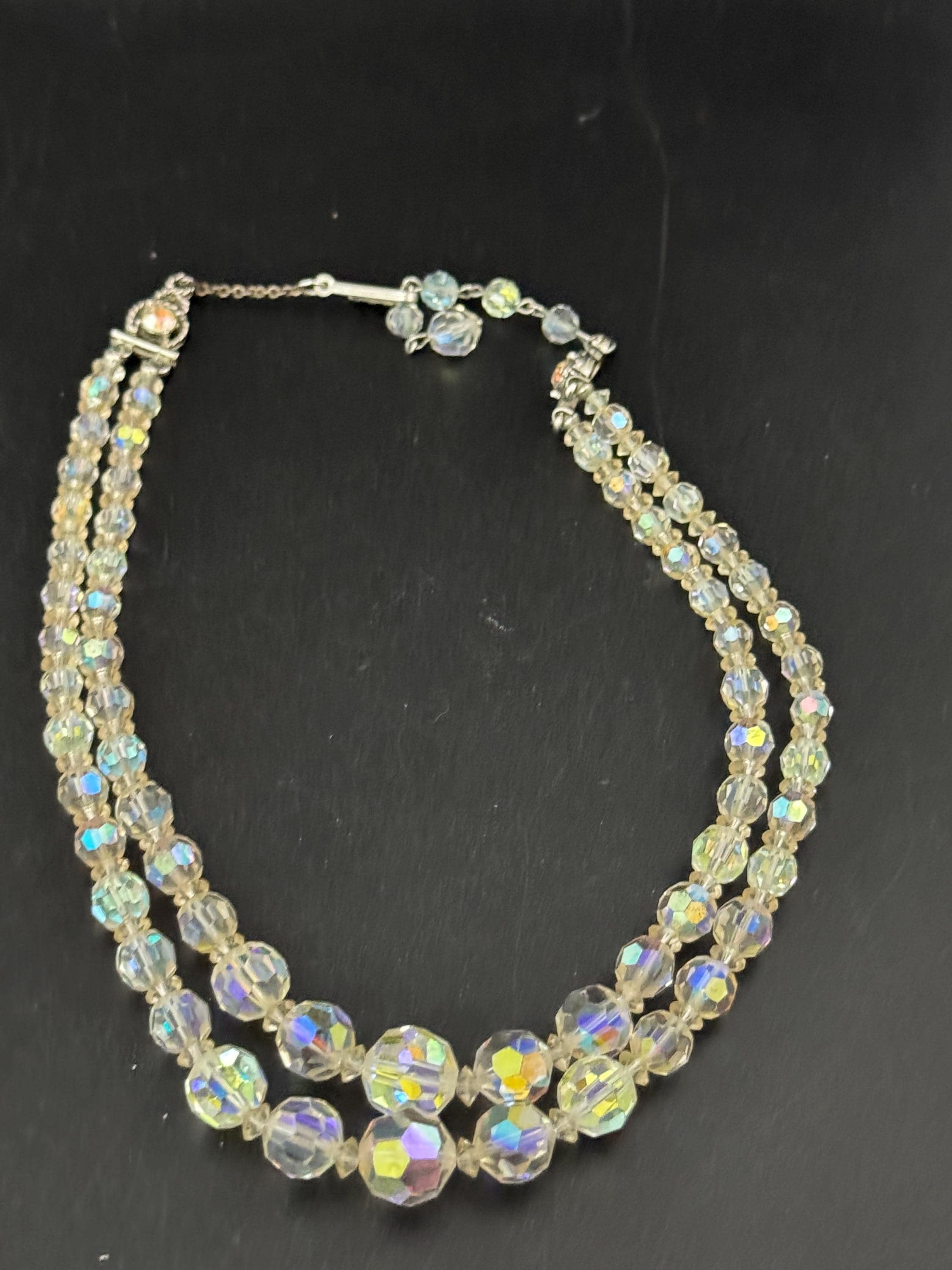 Art Deco clear AB rainbow Aurora borealis glass Crystal 2 row double strand beaded collar necklace