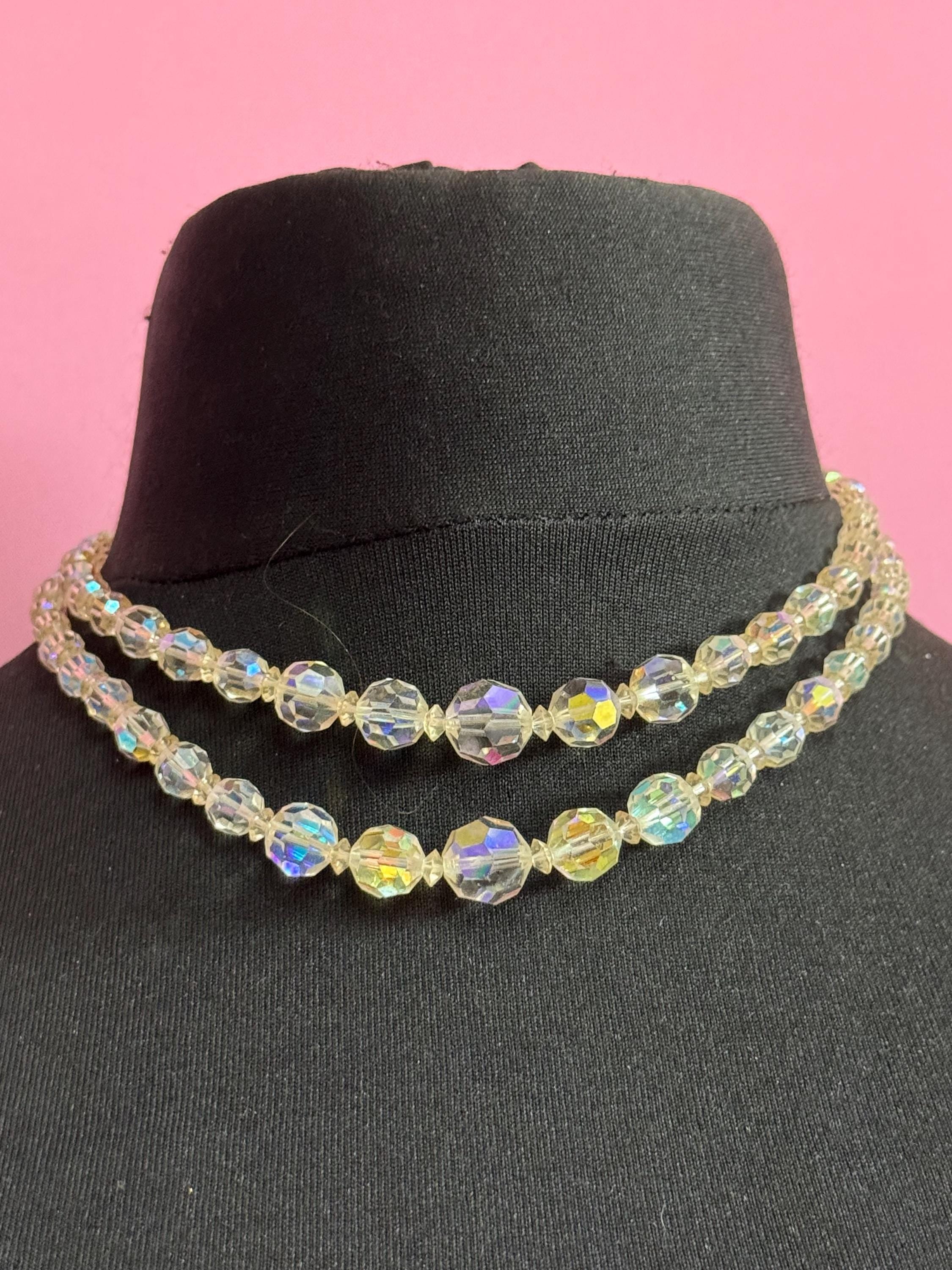 Art Deco clear AB rainbow Aurora borealis glass Crystal 2 row double strand beaded collar necklace