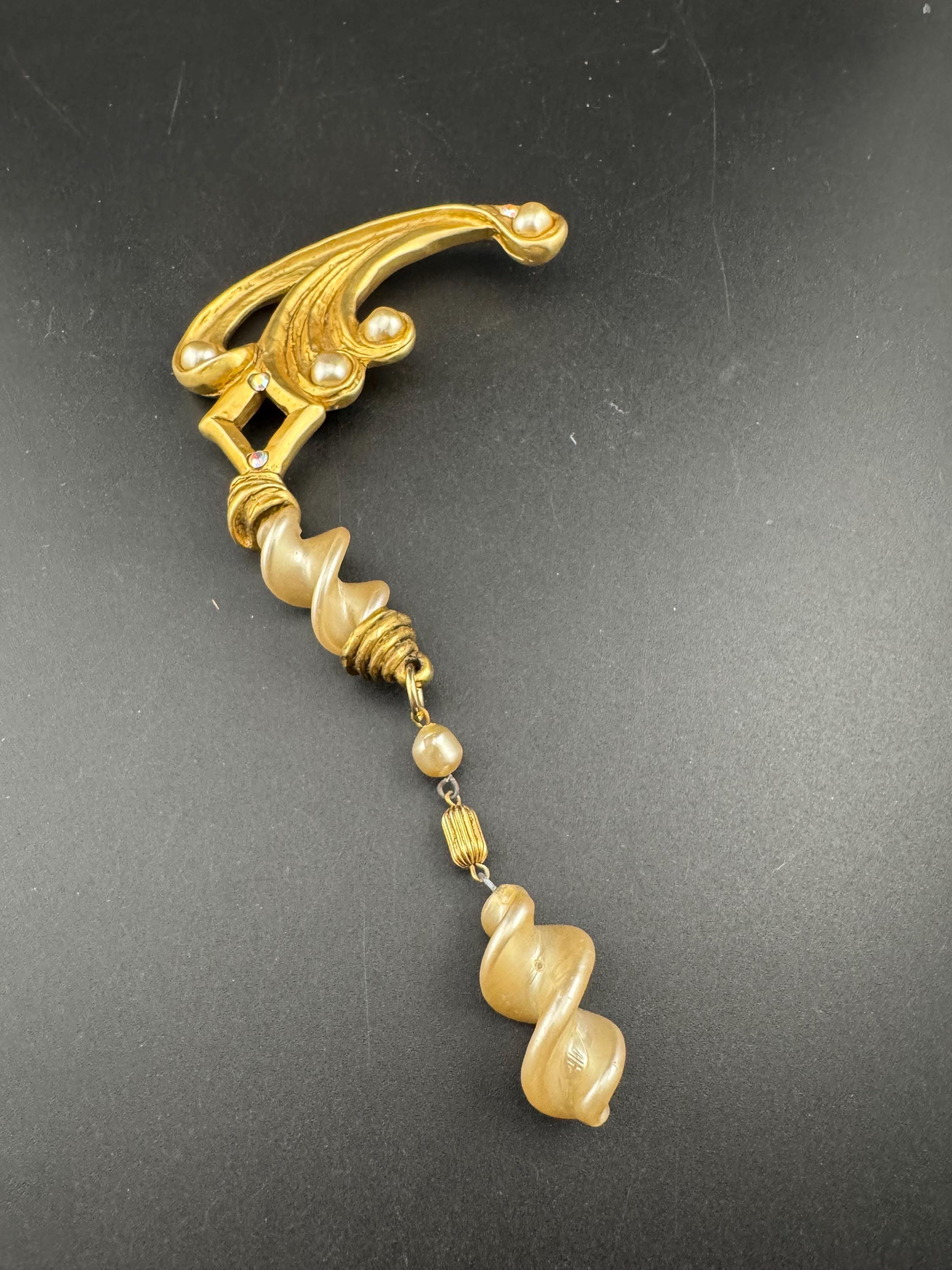 1980s signed Clare Deve huge high end oversized faux pearl dangle drop brooch, Paris designer gold resin