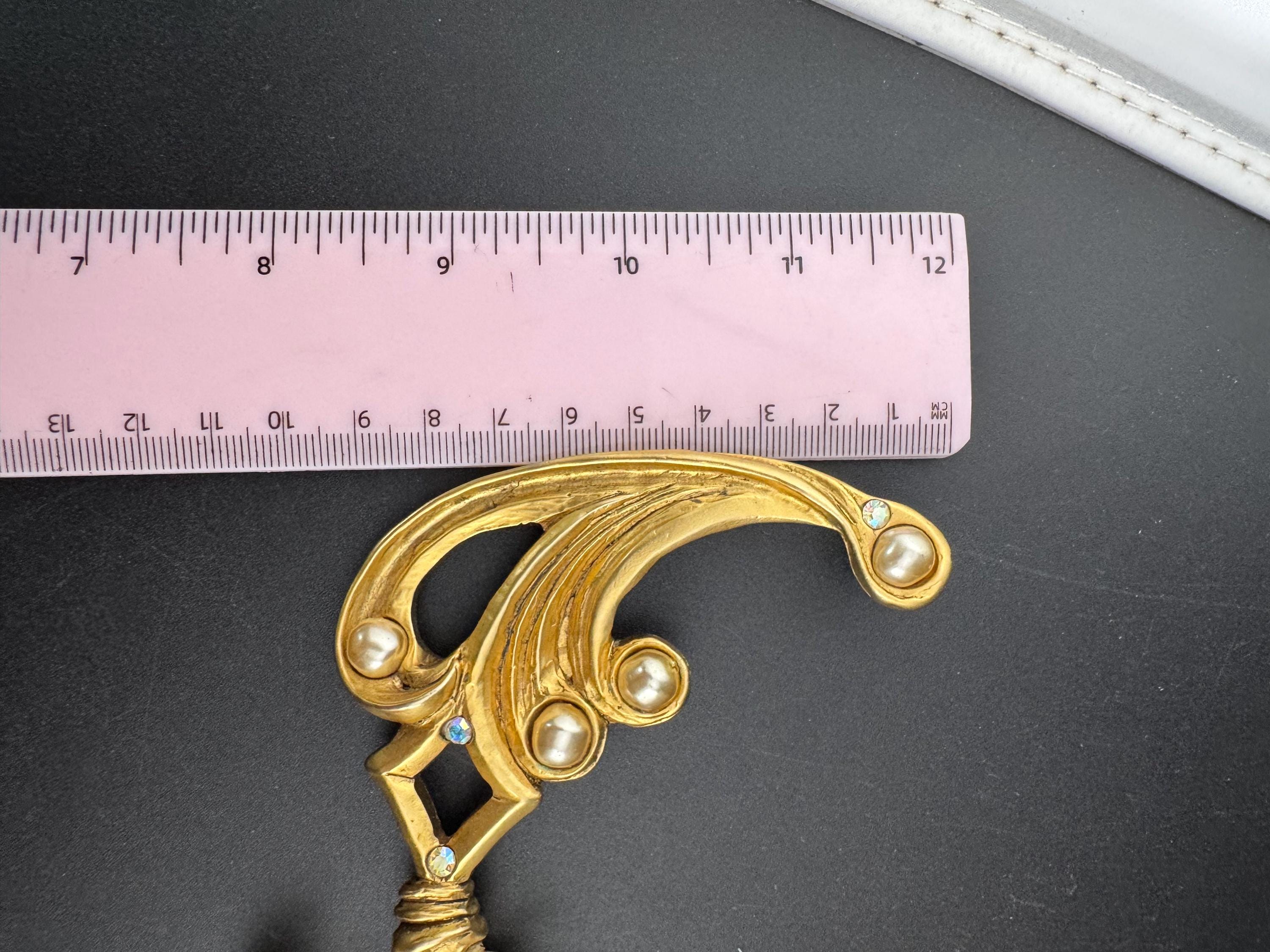 1980s signed Clare Deve huge high end oversized faux pearl dangle drop brooch, Paris designer gold resin