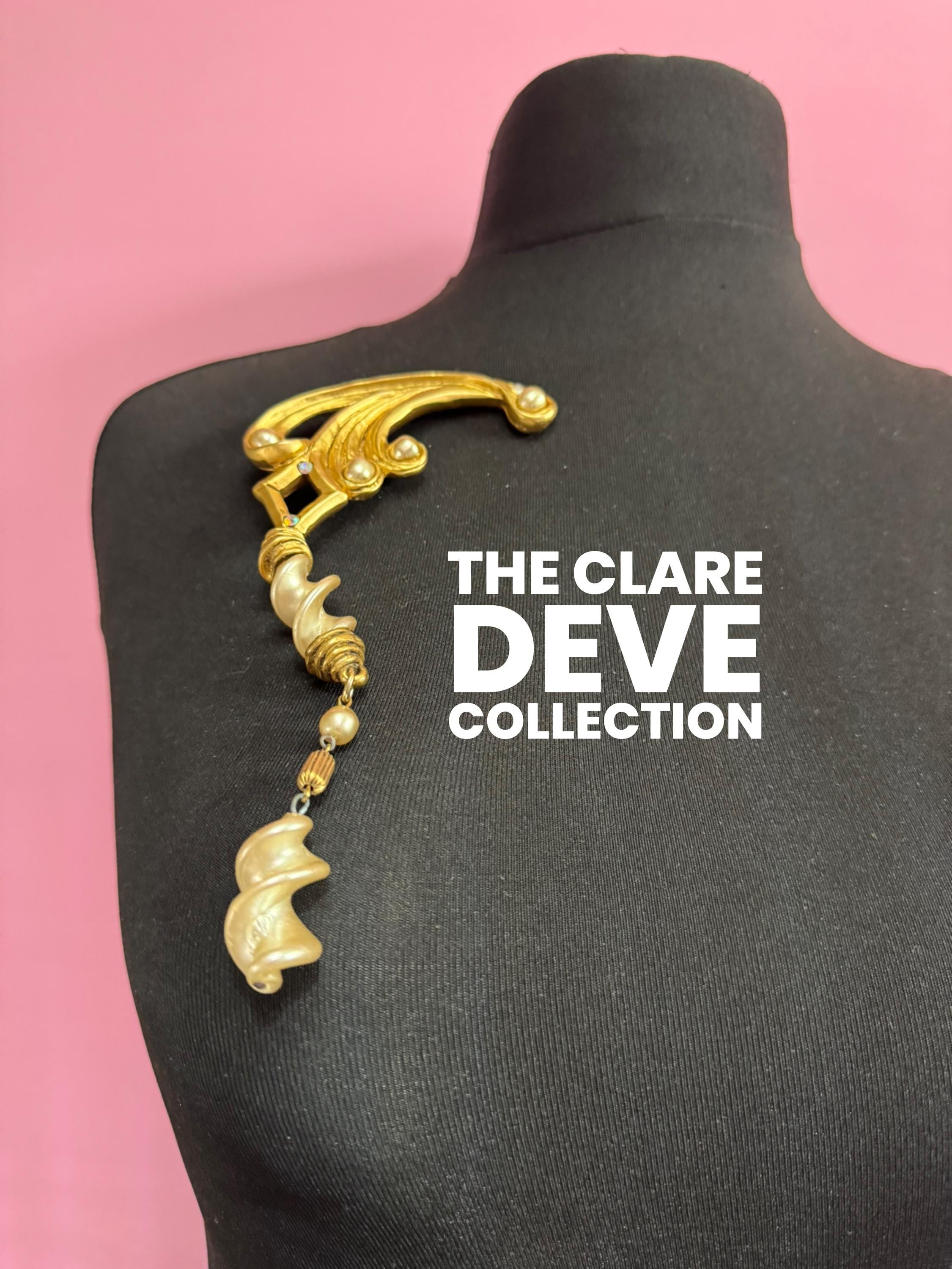1980s signed Clare Deve huge high end oversized faux pearl dangle drop brooch, Paris designer gold resin