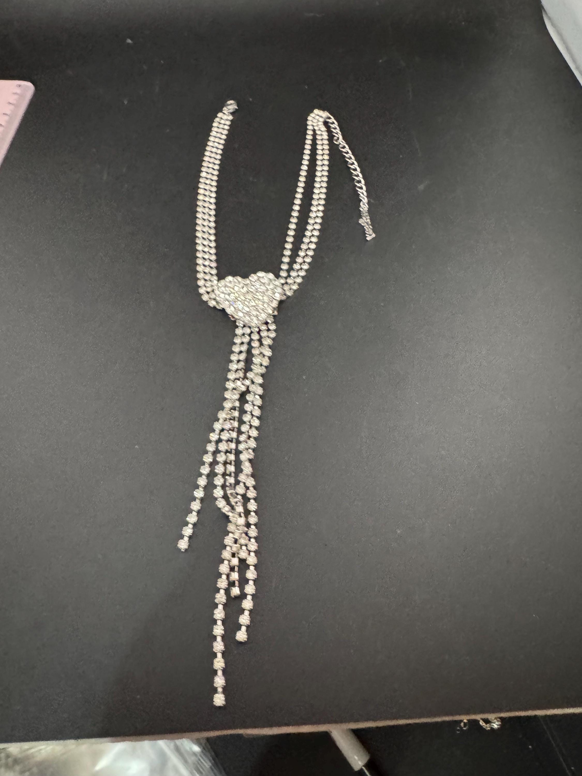 Signed Mikey retro clear diamanté rhinestone crystal silver tone love heart drop tassel necklace 90s