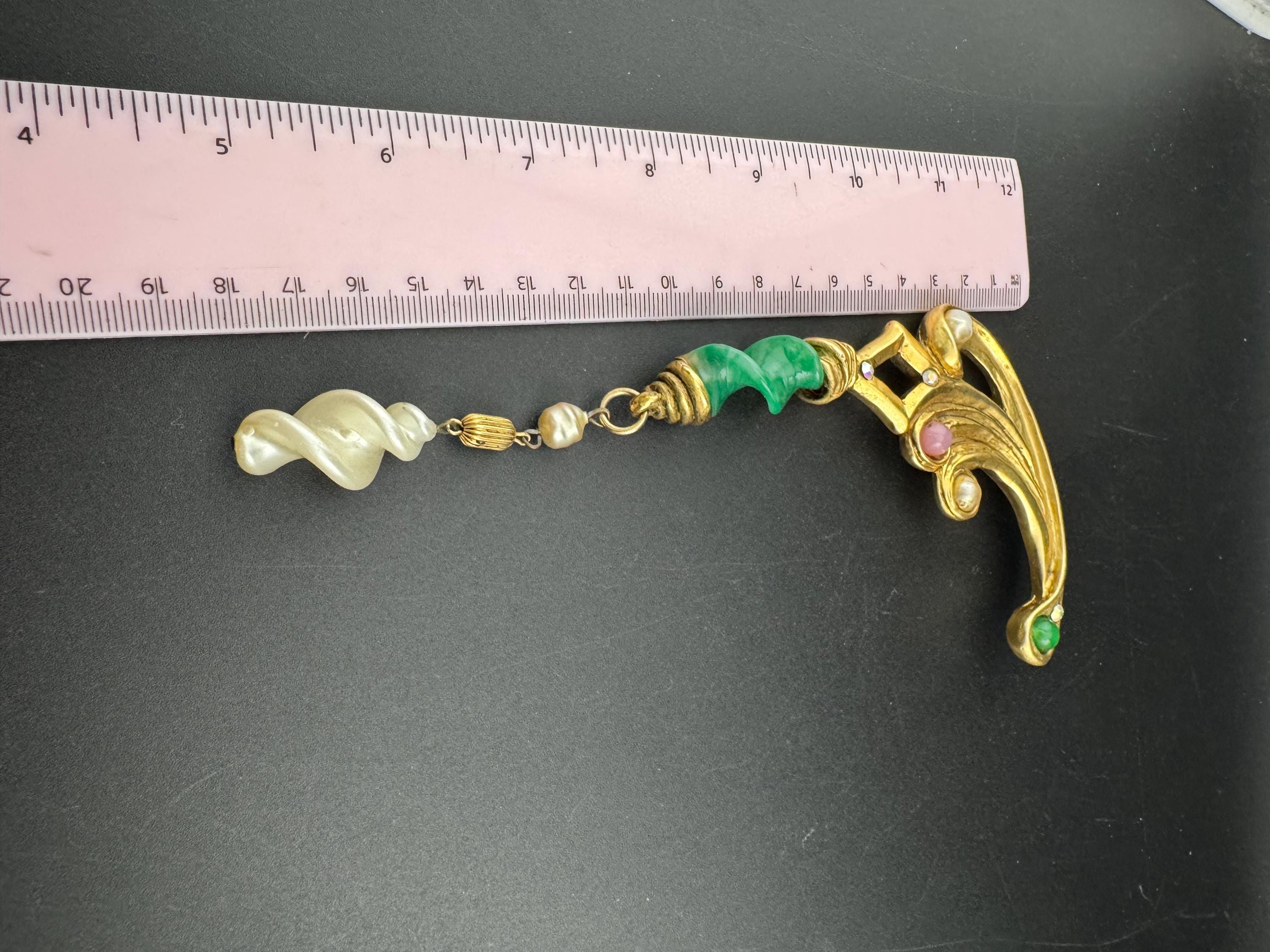 1980s signed Clare Deve huge high end oversized faux pearl and green dangle drop brooch, Paris designer gold resin