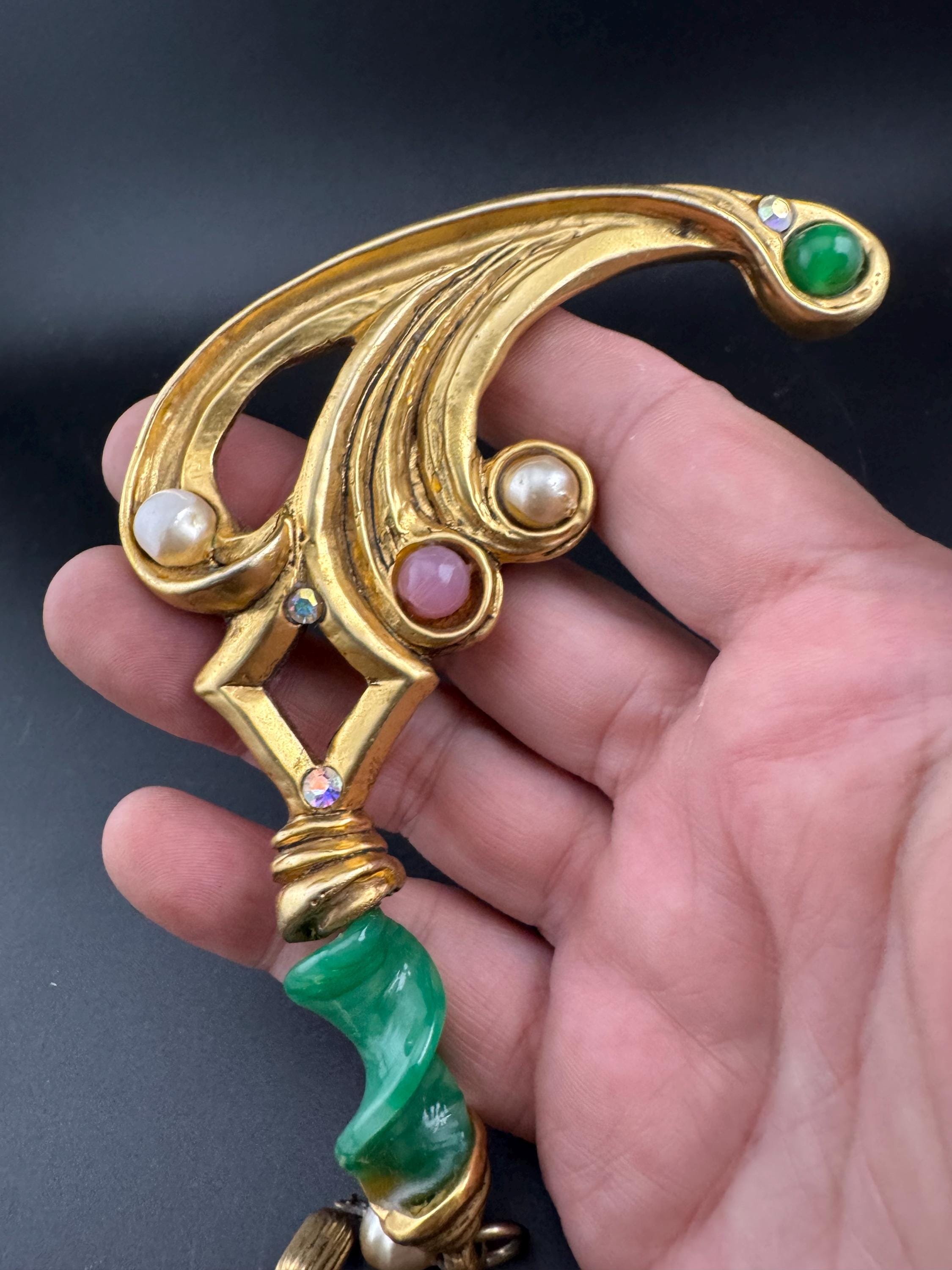 1980s signed Clare Deve huge high end oversized faux pearl and green dangle drop brooch, Paris designer gold resin