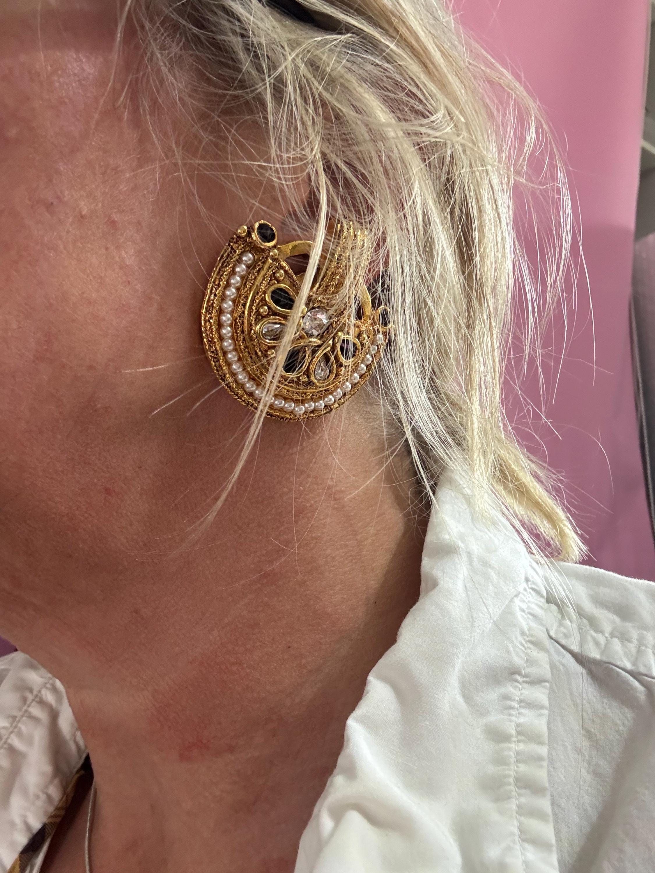 1980s signed Clare Deve huge high end oversized pair of black rhinestone stud clip on earrings , Paris designer gold resin
