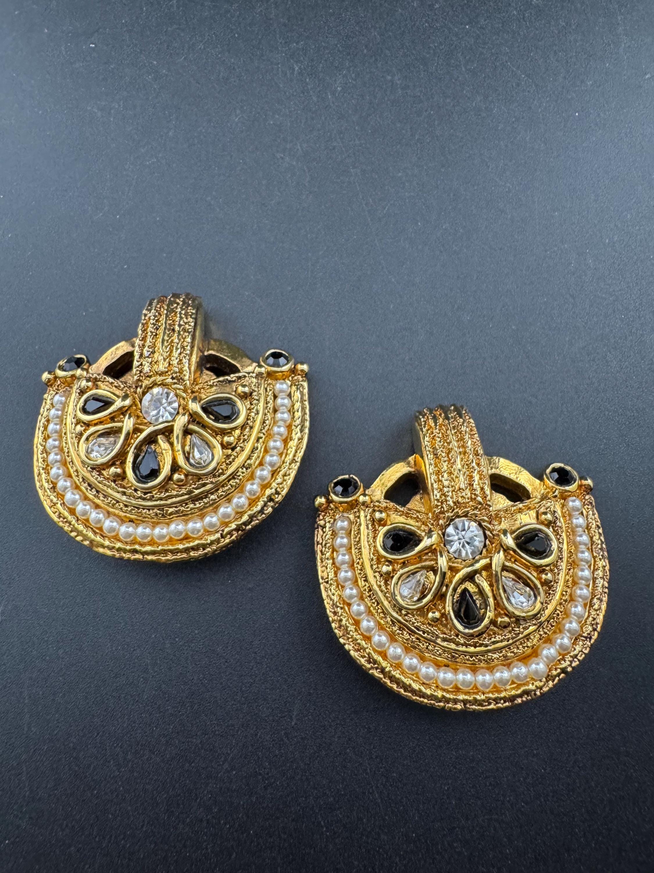 1980s signed Clare Deve huge high end oversized pair of black rhinestone stud clip on earrings , Paris designer gold resin