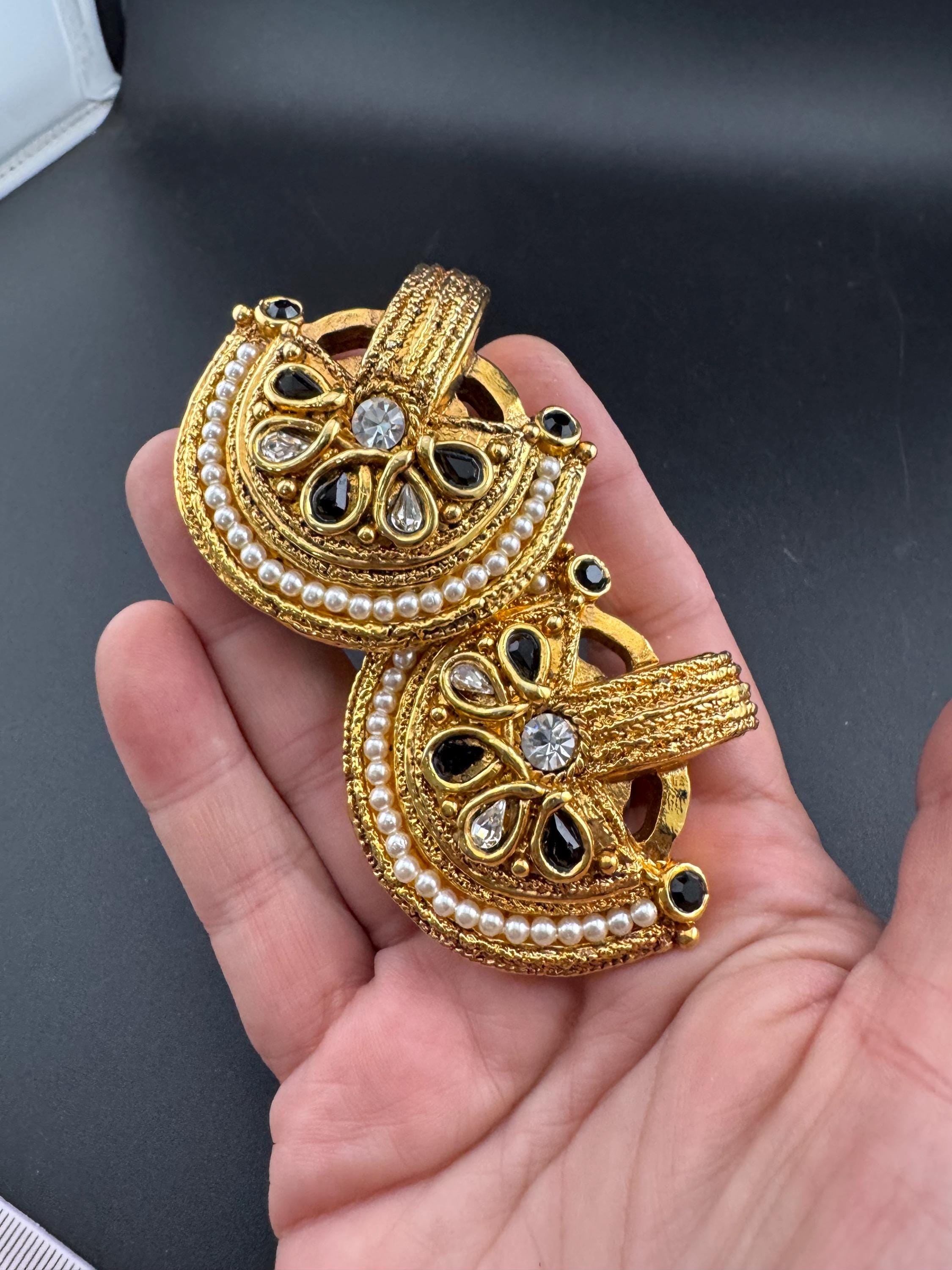 1980s signed Clare Deve huge high end oversized pair of black rhinestone stud clip on earrings , Paris designer gold resin