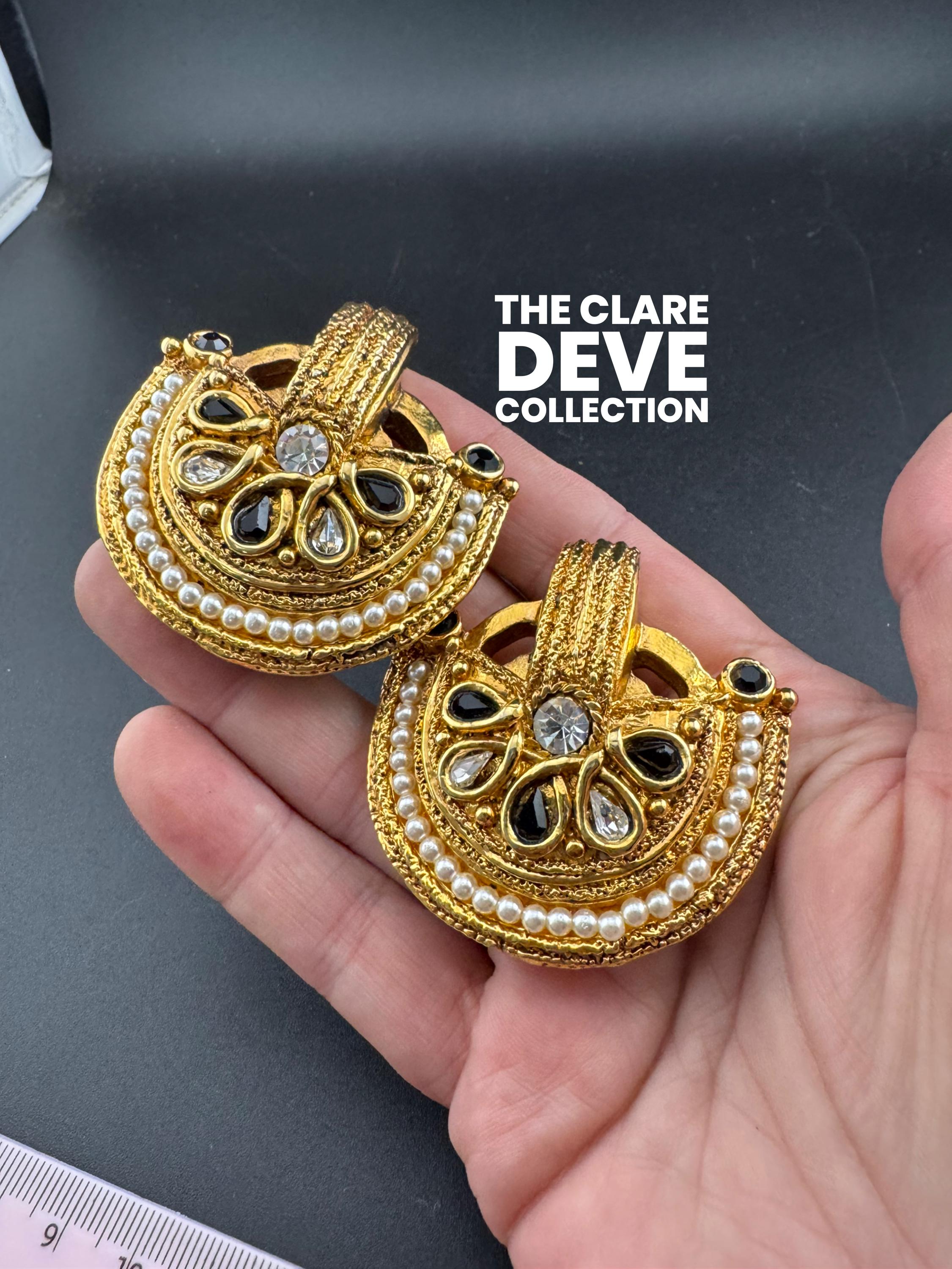 1980s signed Clare Deve huge high end oversized pair of black rhinestone stud clip on earrings , Paris designer gold resin