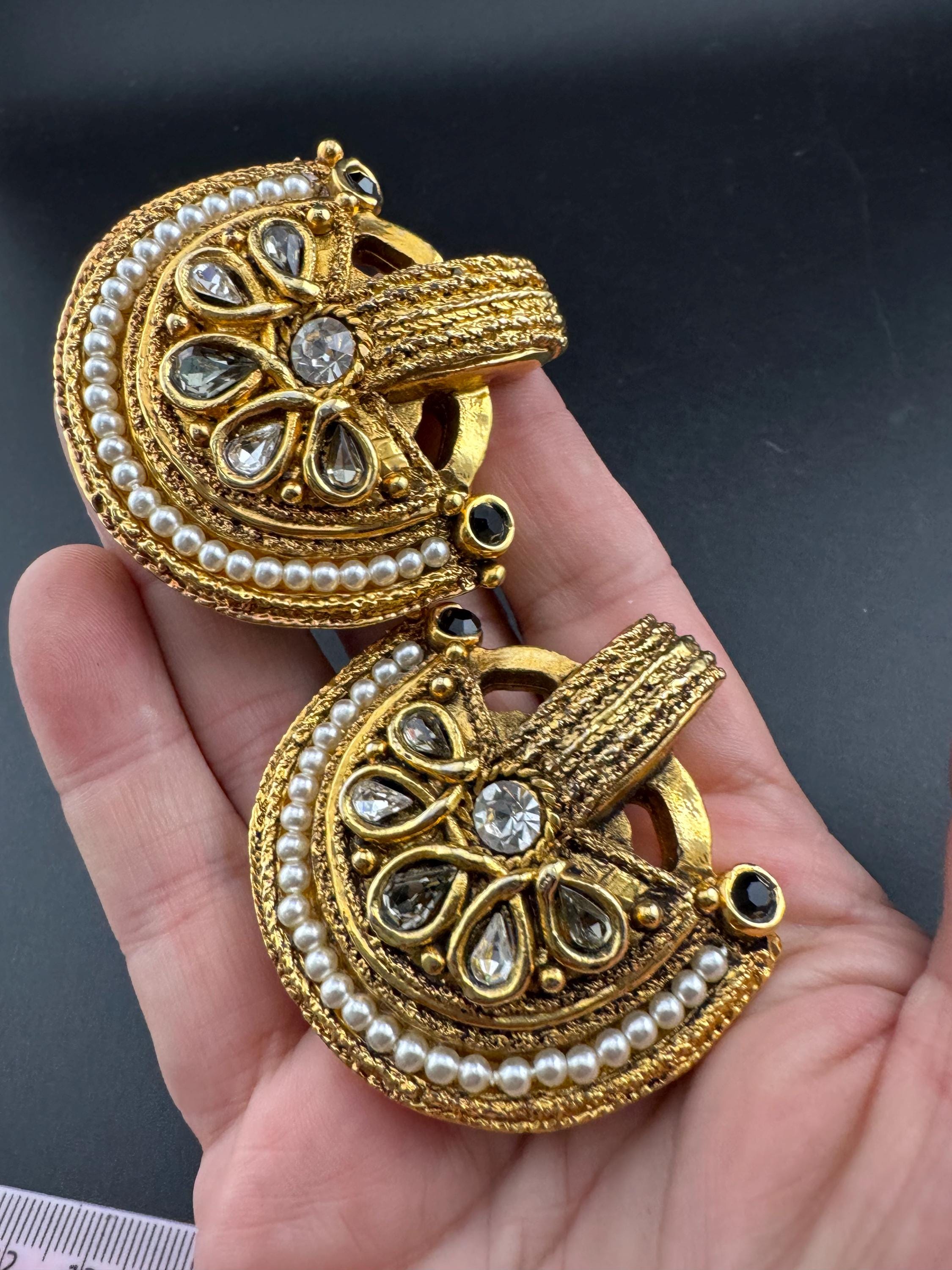 1980s signed Clare Deve huge high end oversized pair of grey rhinestone stud clip on earrings , Paris designer gold resin
